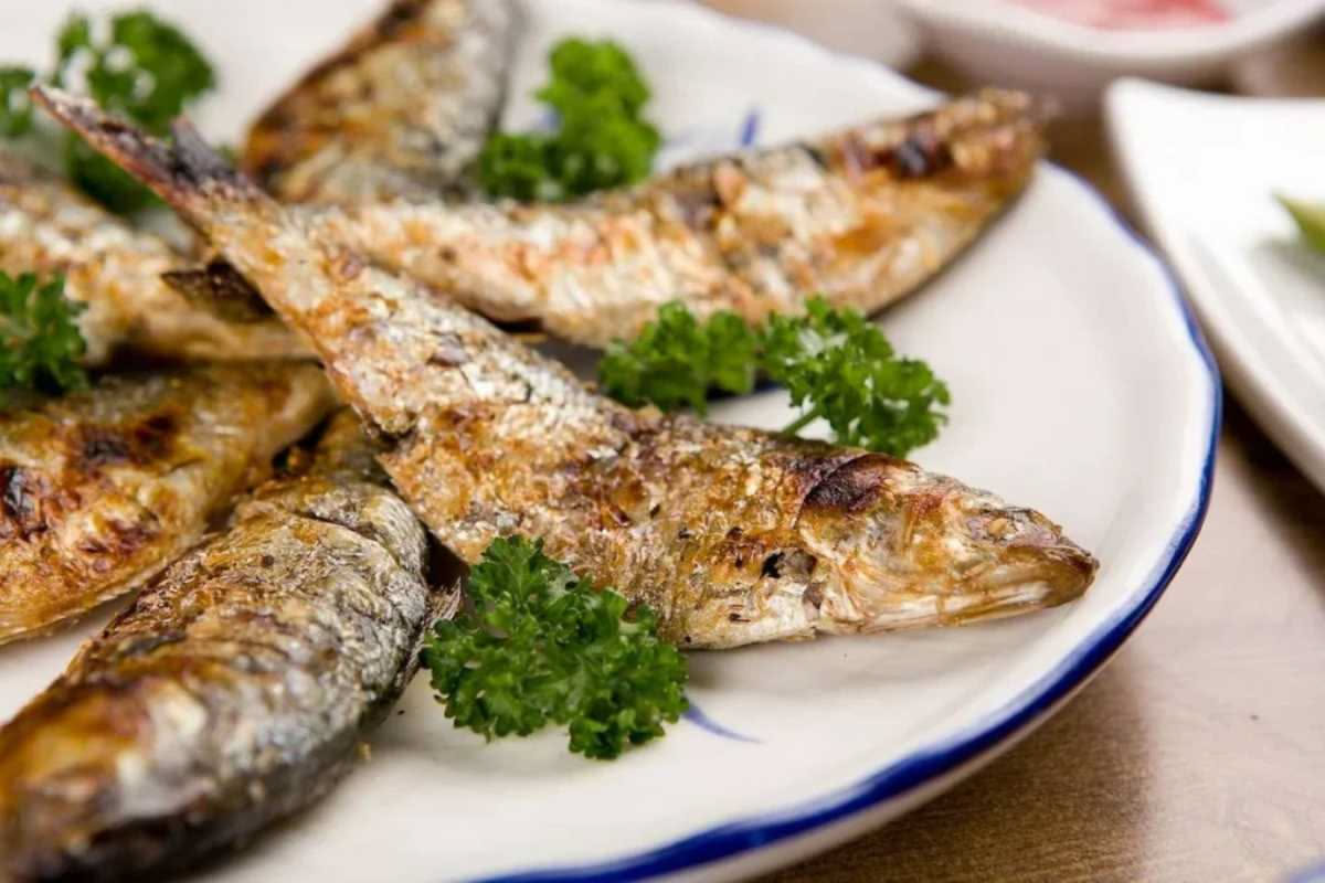 Alici intere disposte in una teglia bianca da forno con olio d'oliva, fette di limone fresco e prezzemolo tritato