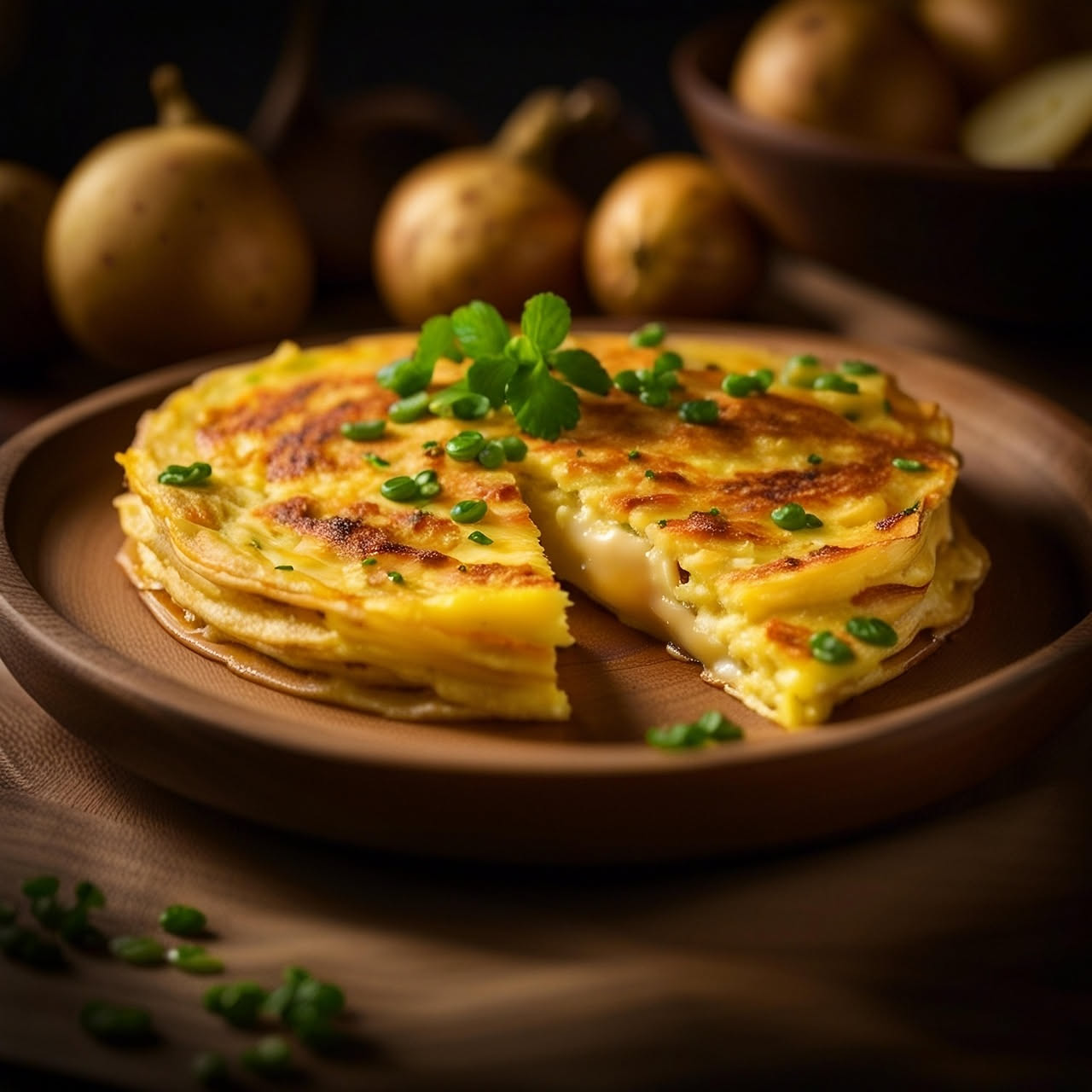 Gateau di patate dorato e affettato su un piatto bianco, con la crosta croccante visibile e l'interno cremoso di patate e formaggio