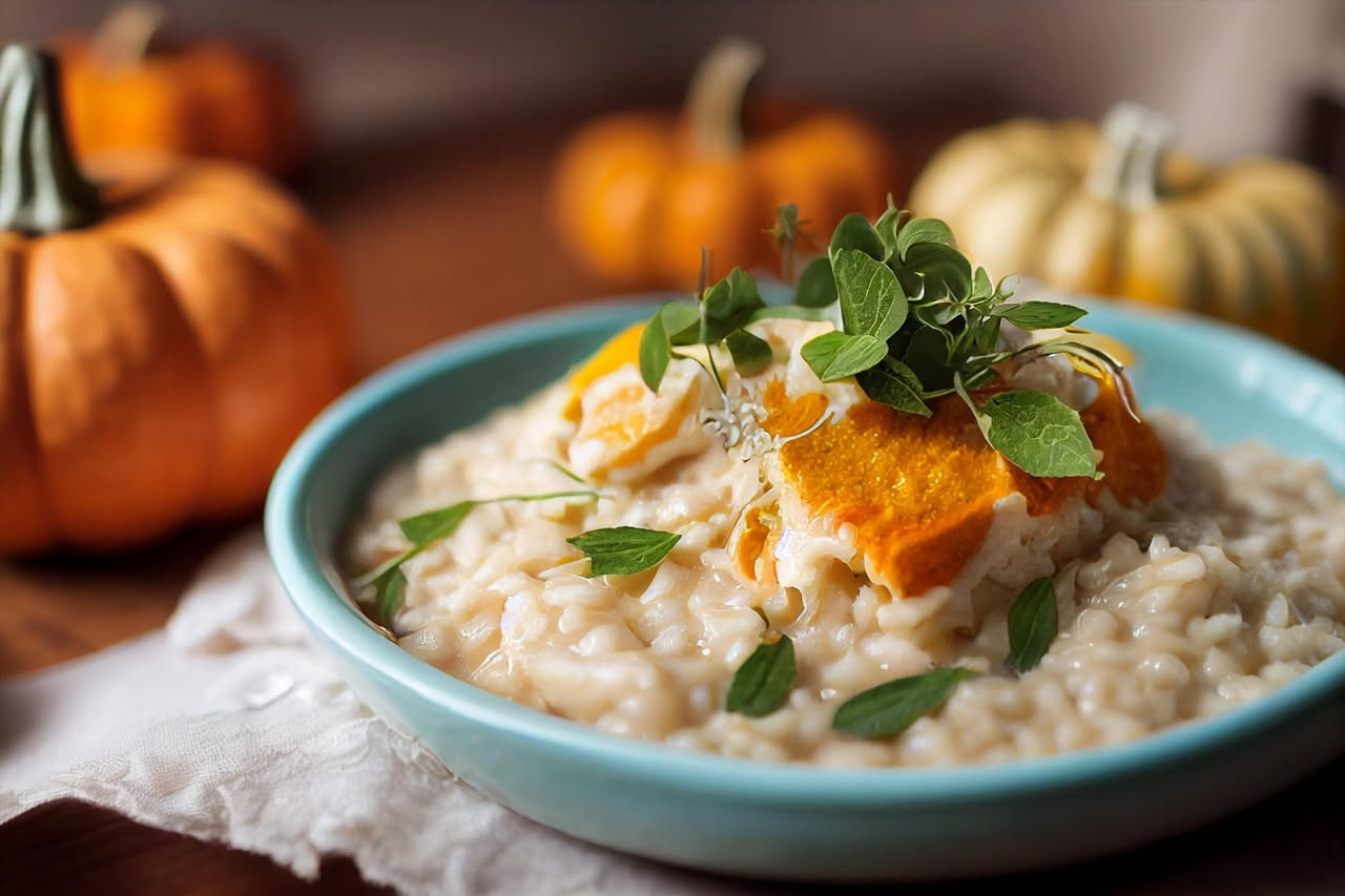 Una ciotola bianca di ceramica con minestra di riso e ricotta fumante, visibili i chicchi di riso bianchi immersi nel brodo, fiocchi di ricotta cremosa distribuiti in superficie, decorazione di parmig