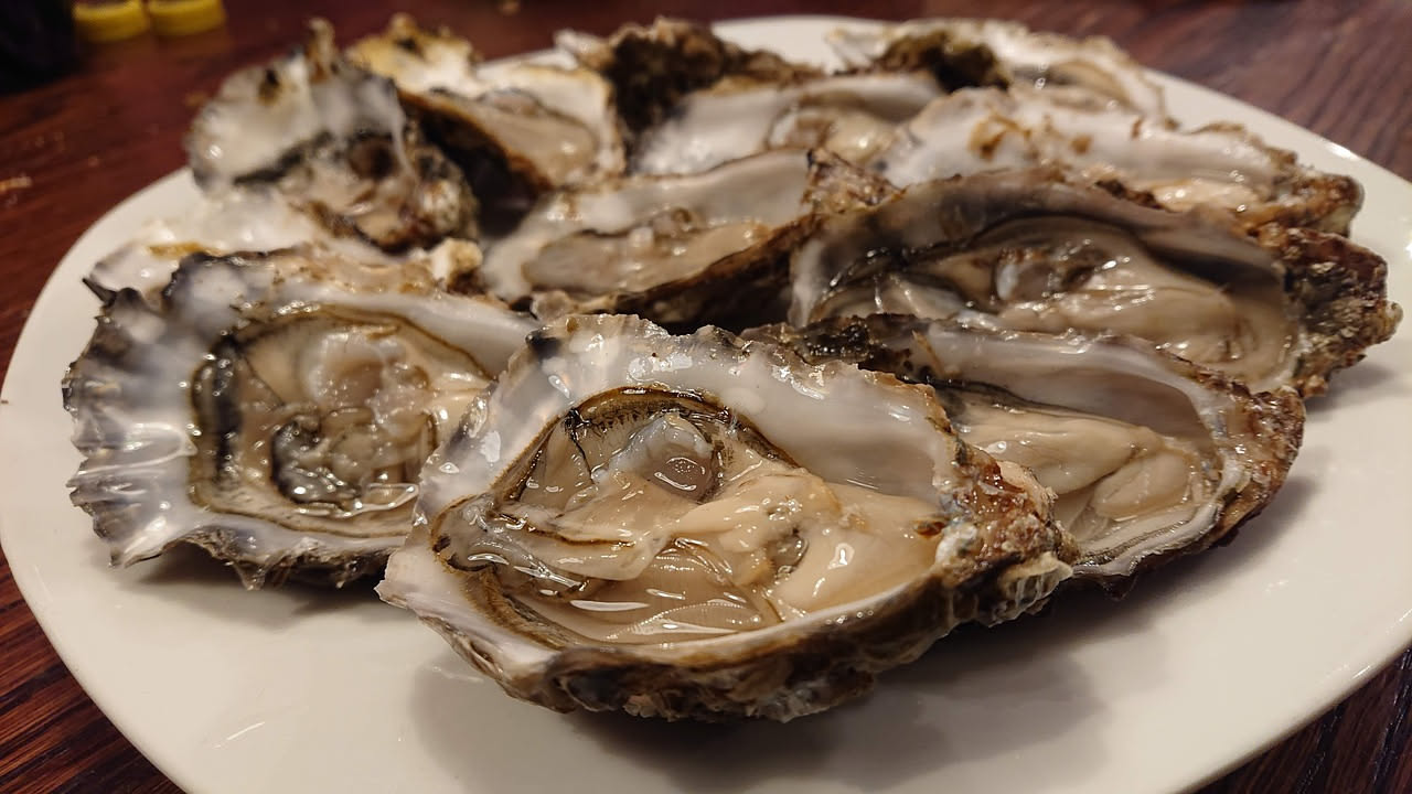 Tre ostriche aperte su un letto di ghiaccio tritato, con il mollusco ancora dentro il guscio, limone fresco tagliato a spicchi e un coltello da ostrica in acciaio