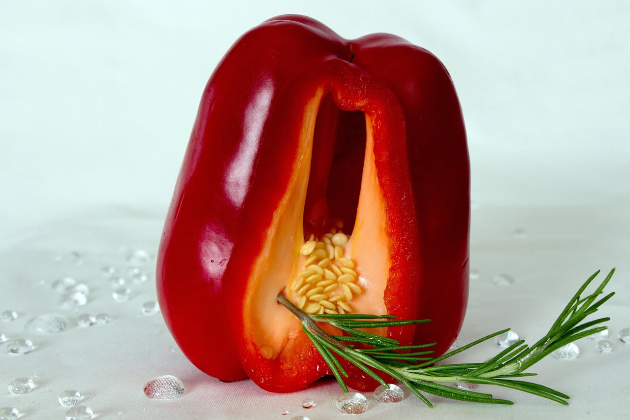Peperoni rossi e gialli ripieni di carne e riso, cotti in tegame con salsa di pomodoro, visti dall'alto in una pentola di ceramica