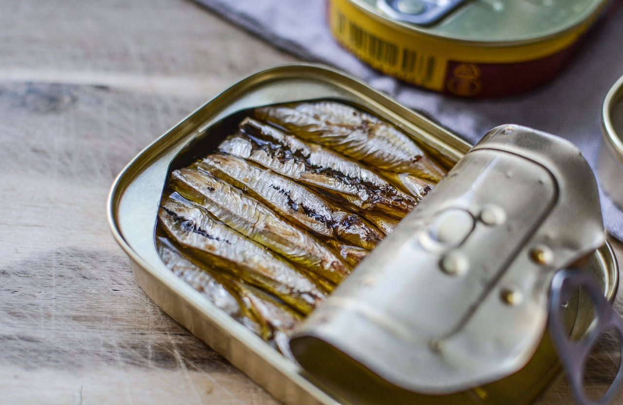Acciughe filettate bianche e argentate, leggermente traslucide, disposte in un piatto bianco con fettine di limone e foglie di prezzemolo fresco, bagno di olio e aceto visibile