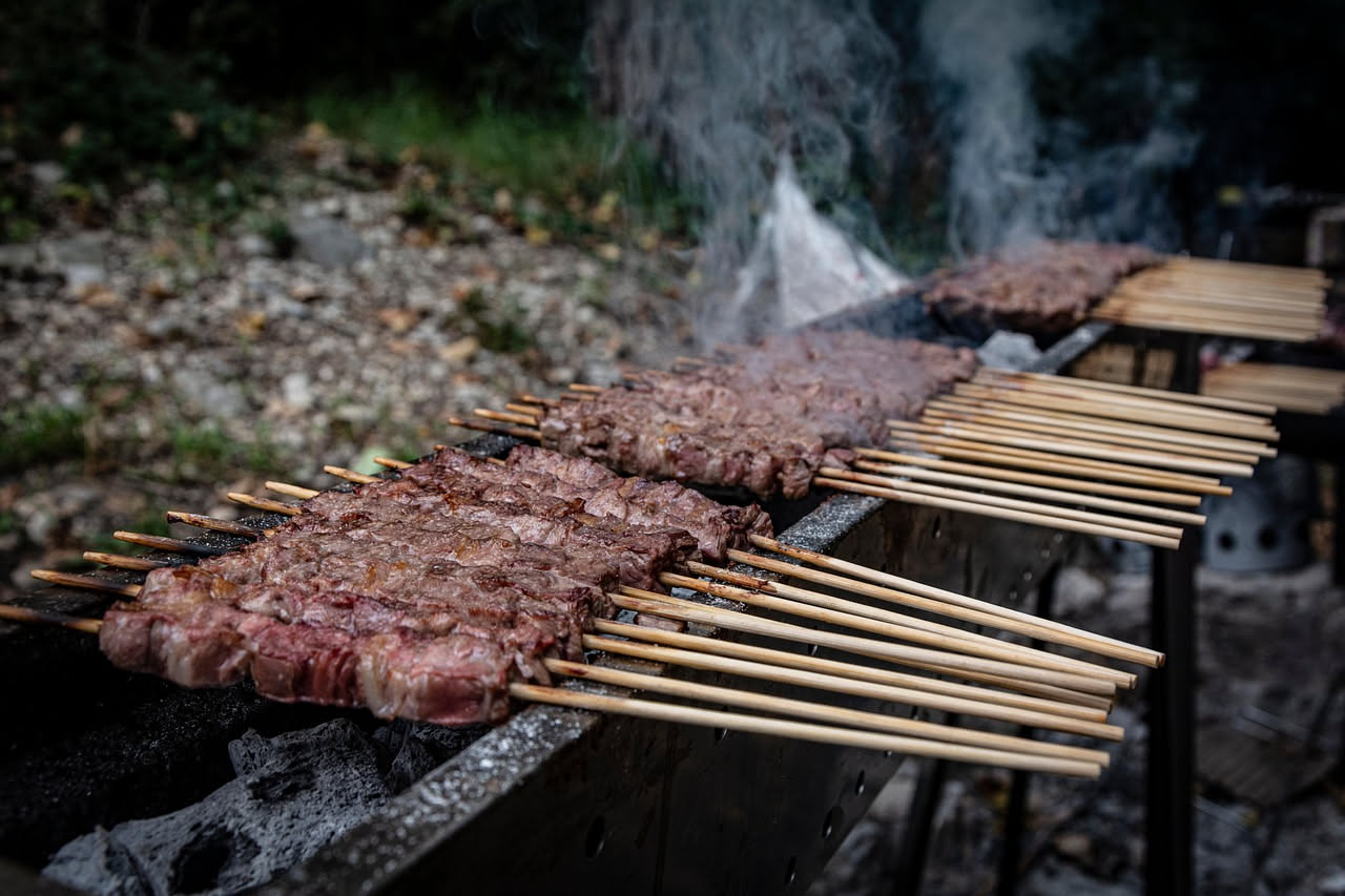 Spiedini di carne rossa cotta sulla griglia, affumicati e dorature brune sulla superficie, disposti su un piatto bianco con contorno di verdure grigliate