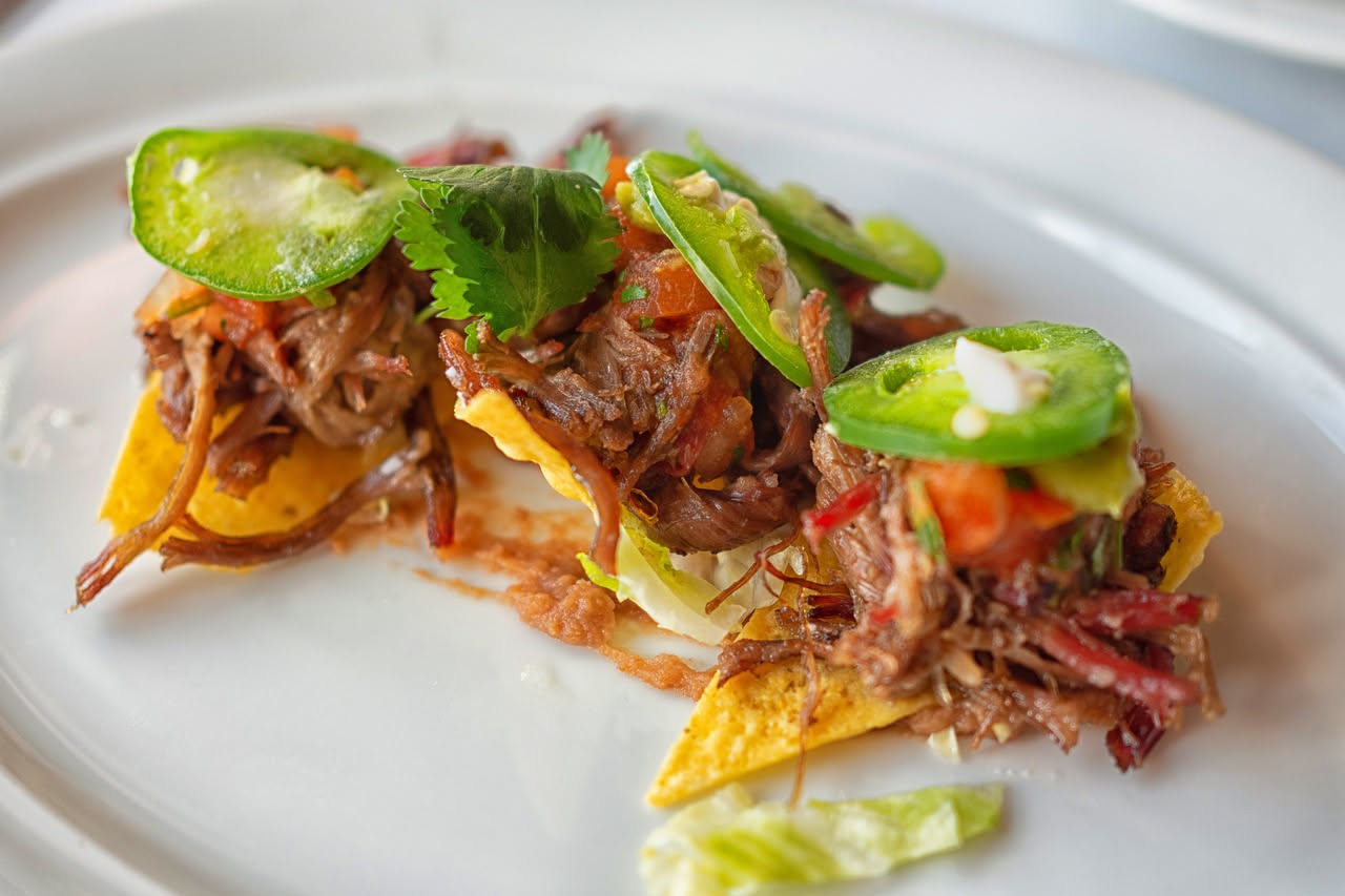 Bruscitti di manzo in umido serviti in un piatto fondo bianco, coperti di sugo rosso scuro con pezzi di cipolla e carota, tre bocconi di carne visibili, con prezzemolo fresco sparso sopra