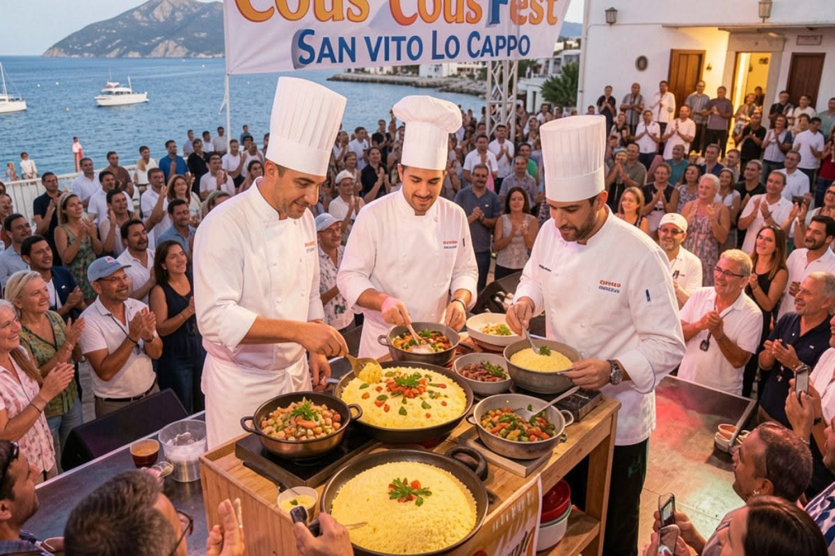 Piatto di cuscus bianco-beige con filetti di pesce bianco, zucchine grigie, carote e pomodori freschi, ciotola di brodo a lato, su fondo di lino naturale