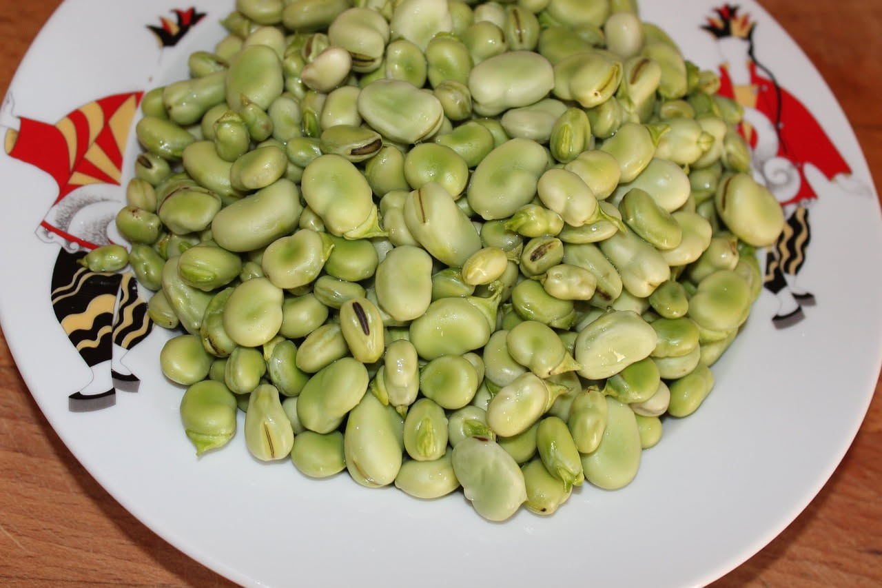 Una ciotola bianca con minestra densa di fave secche color giallo avorio, con macchie di pomodoro rosso e un filo d'olio verde, cucchiaio in acciaio inossidabile.
