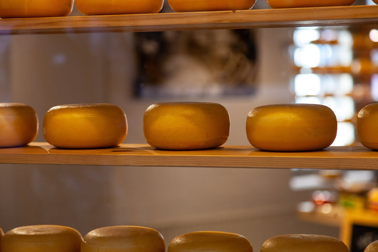 Formaggio affumicato di valle a fette spesse su un tagliere in legno, con crosta scura e pasta color paglia, accanto a pane nero tostato e noci