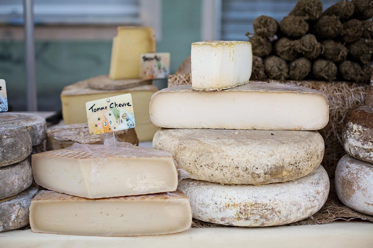 Formaggio pecorino cremoso di colore bianco avorio, tagliato a fette spesse, servito in un piatto bianco con fieno secco di accompagnamento, texture liscia e compatta visibile al taglio
