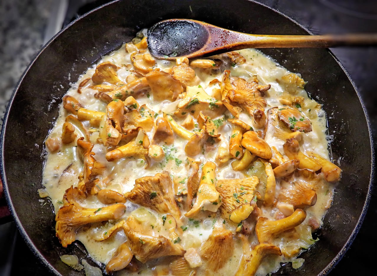 Funghi trifolati in umido in una padella di terracotta, ricoperti di prezzemolo fresco tritato, con aglio e brodo visibile tra i funghi