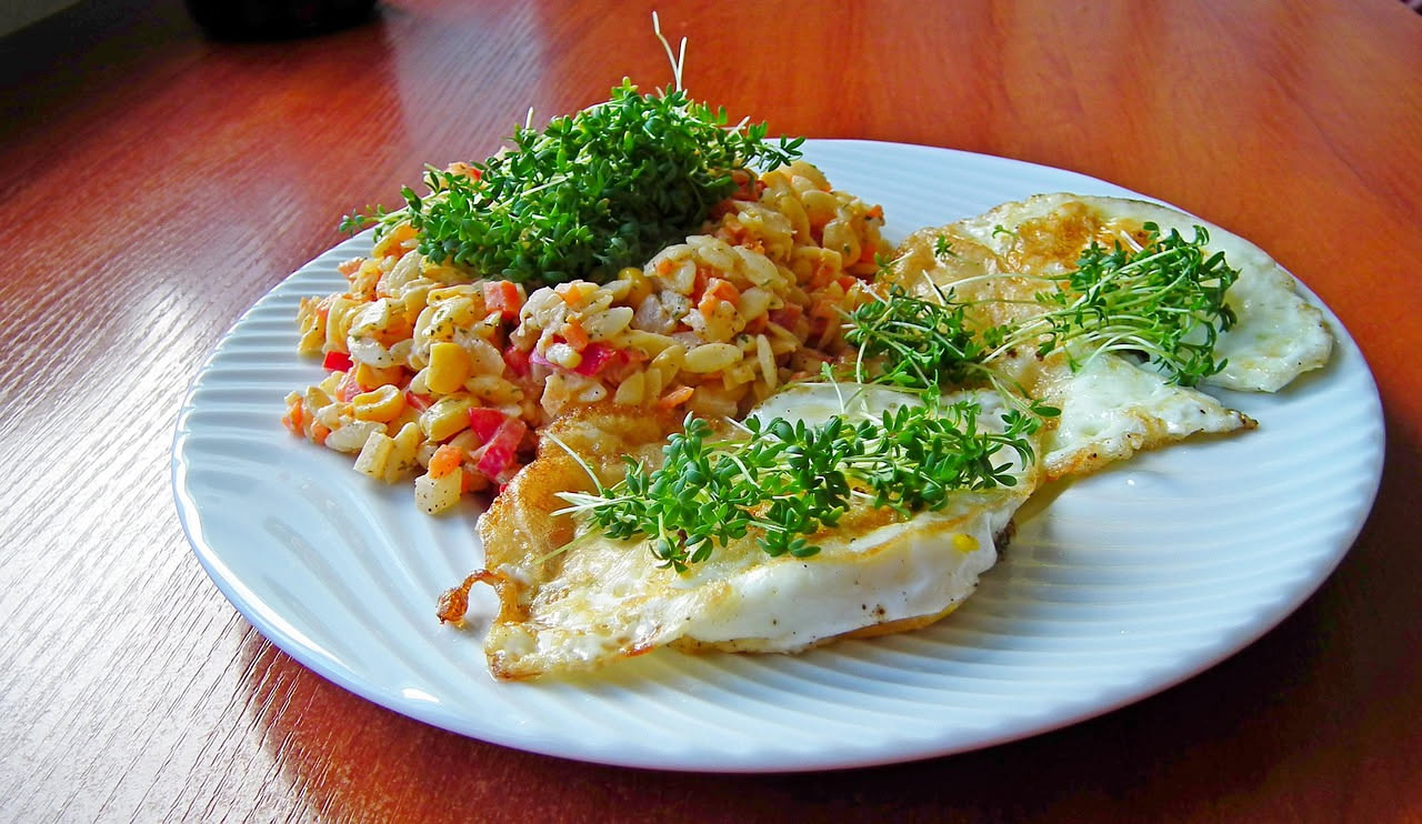 Piatto bianco con orzo perlato cremoso color avorio, zucchine tagliate a cubetti verde brillante, carote arancio, pomodori rossi, prezzemolo fresco verde in cima, in una composizione ordinata e appeti