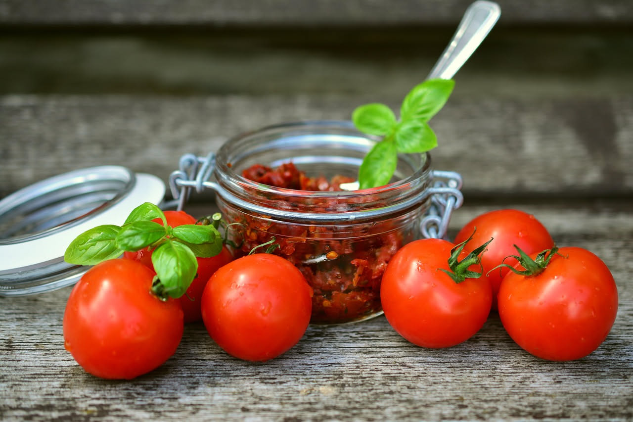 Ciotola di pappa al pomodoro fredda con pezzi di pane imbevuti di pomodoro rosso, foglie di basilico verde, filo di olio dorato su sfondo di marmo bianco