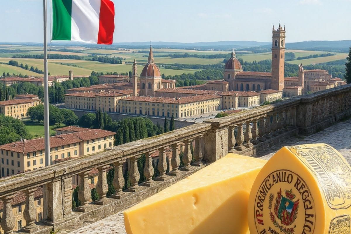 Pecorino di Pienza grattugiato in una ciotola bianca con un filo di miele dorato e una fetta di pane tostato accanto, su sfondo di legno scuro