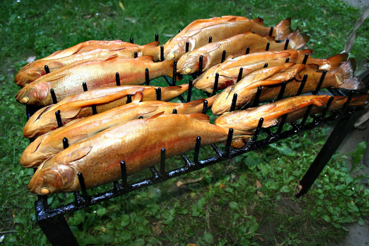 Filetti di trota affumicata dorati e leggermente bruniti disposti su una tavola di legno, con scaglie di sale marino grosso, erbe fresche e un coltello da pesce accanto