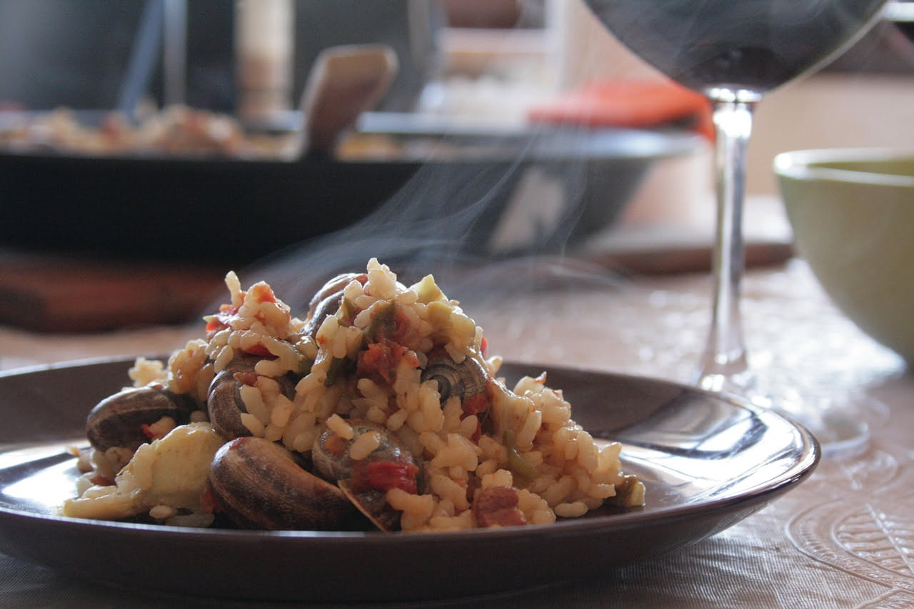 Piatto di risotto cremoso color bianco avorio con cubetti di speck rosa e bruno, riso ben mantecato, servito in scodella bianca con cucchiaio in primo piano e fondo sfocato di cucina