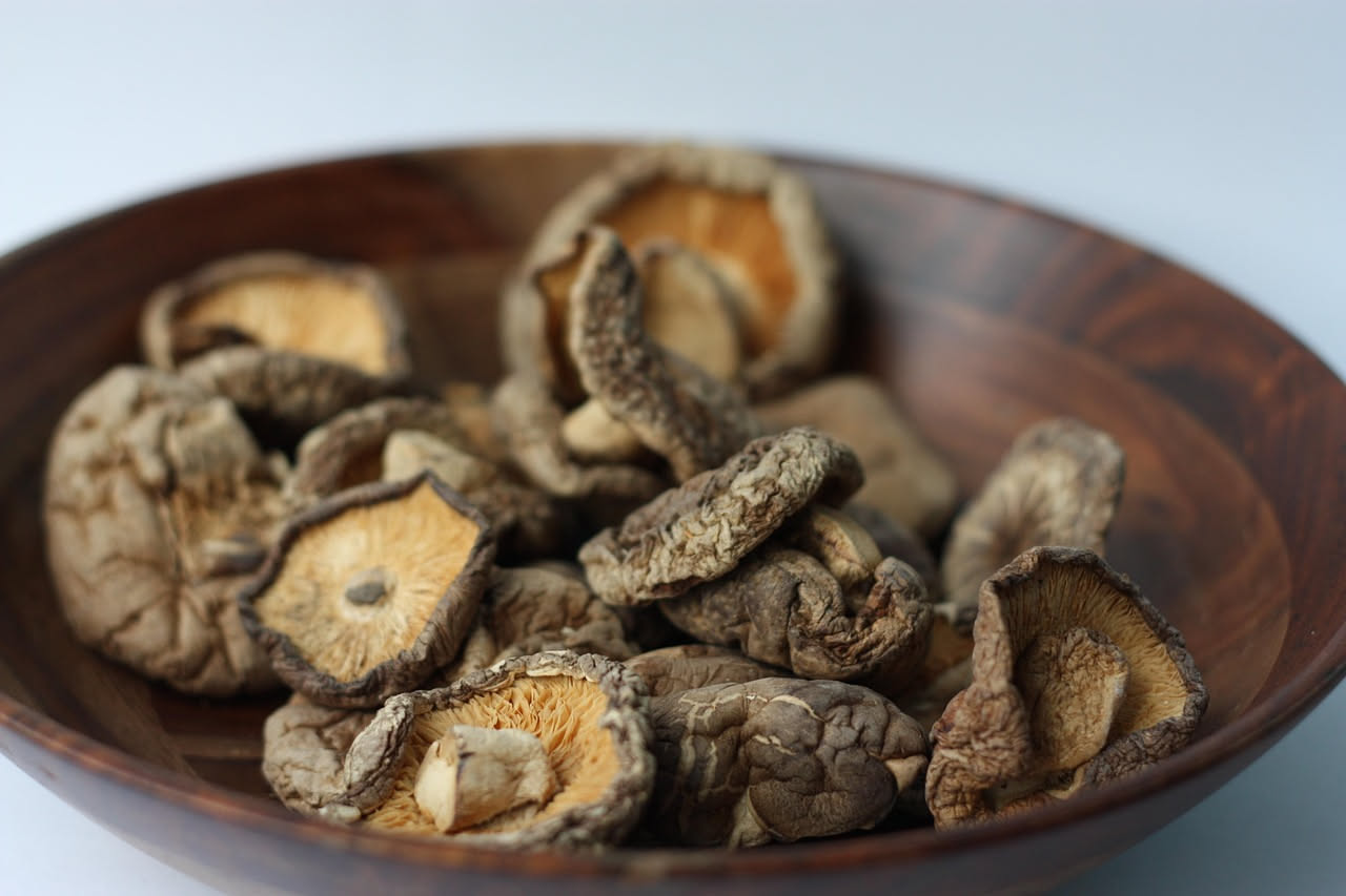 Zuppa di funghi secchi in ciotola bianca, con funghi porcini scuri e brunastri visibili nel brodo trasparente dorato, guarnita con prezzemolo fresco verde e fette di pane tostato ai bordi del piatto