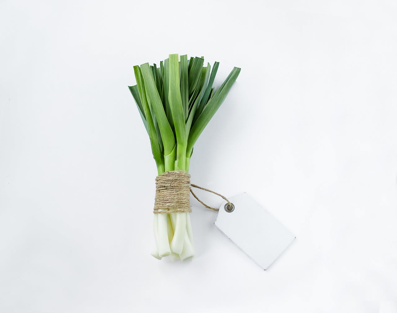 Ciotola di ceramica bianca con zuppa cremosa color avorio, guarnita con fili di porro verde crudo e olio d'oliva, su tavolo di legno chiaro con cucchiaio in acciaio