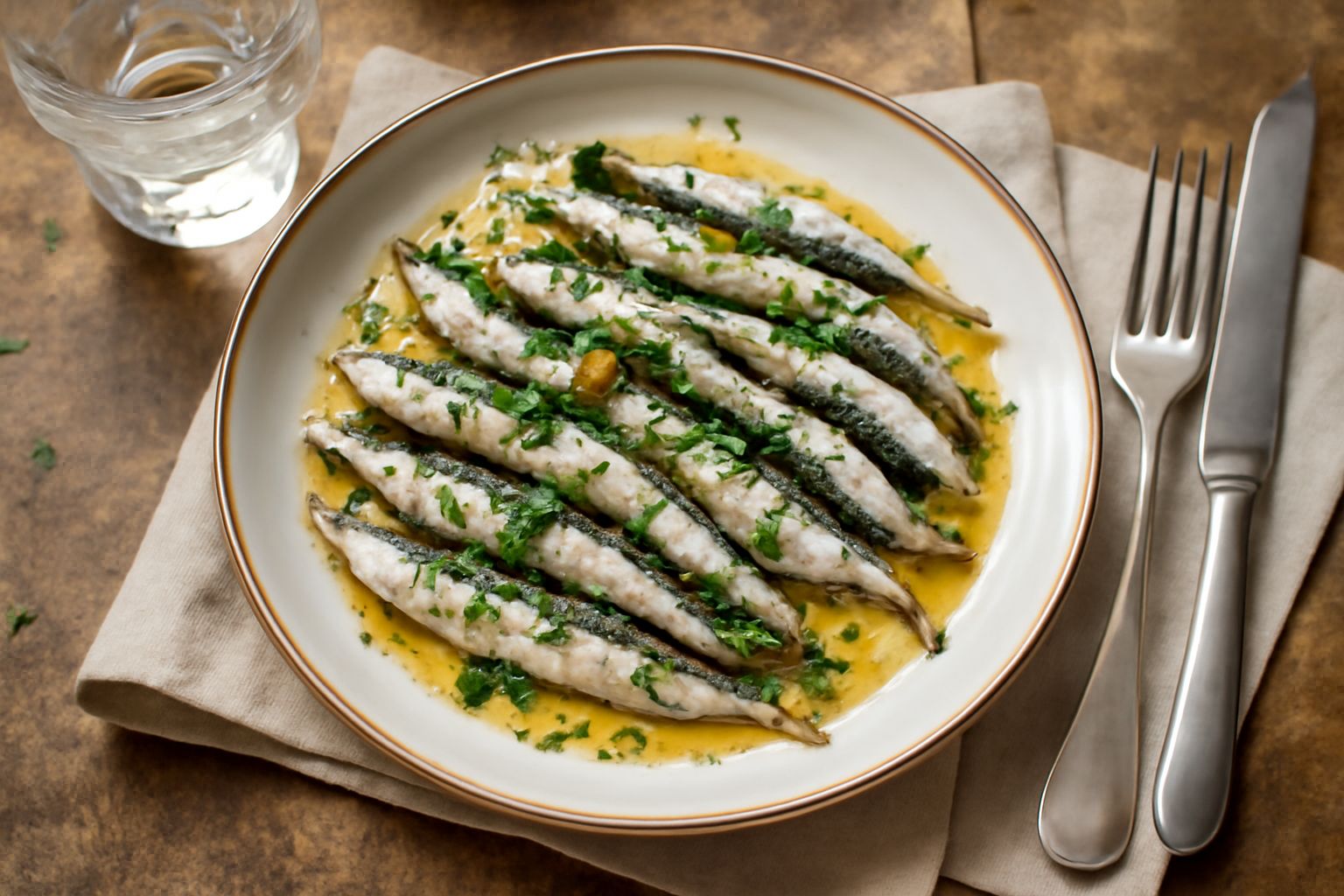 Acciughette fritte dorate e croccanti in un piatto bianco, cosparse di sale grosso, con un bicchiere di acqua fresca accanto