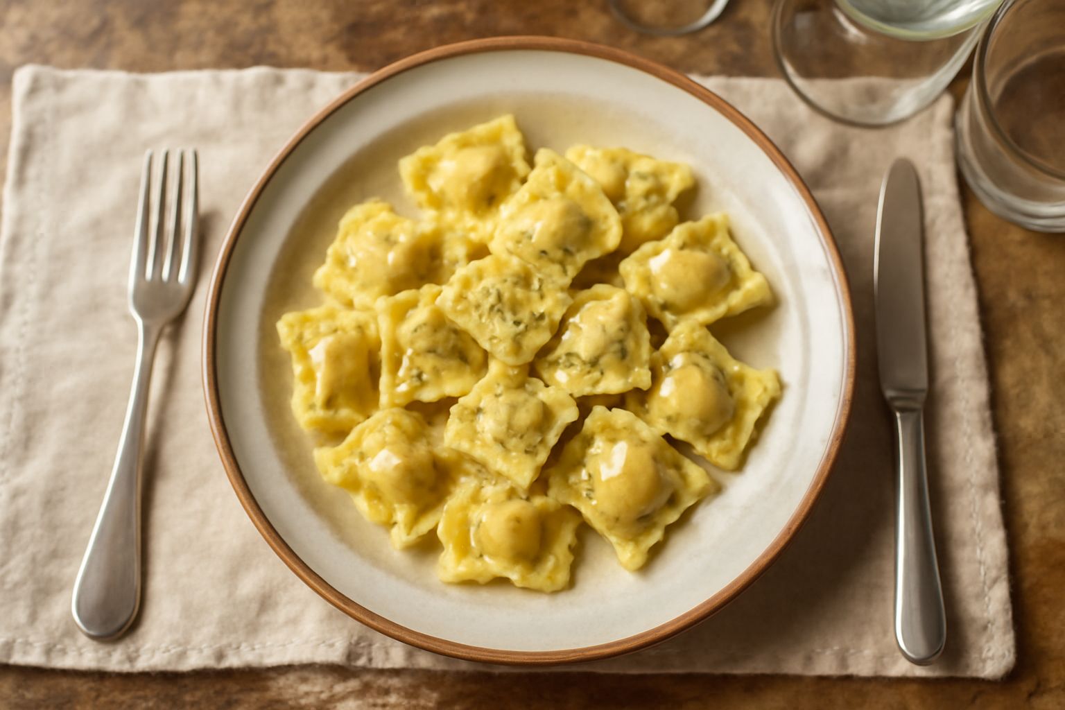 Piatto di agnolotti pavesi quadrati in brodo di carne, ricoperti di parmigiano grattugiato e prezzemolo fresco, in un piatto fondo bianco