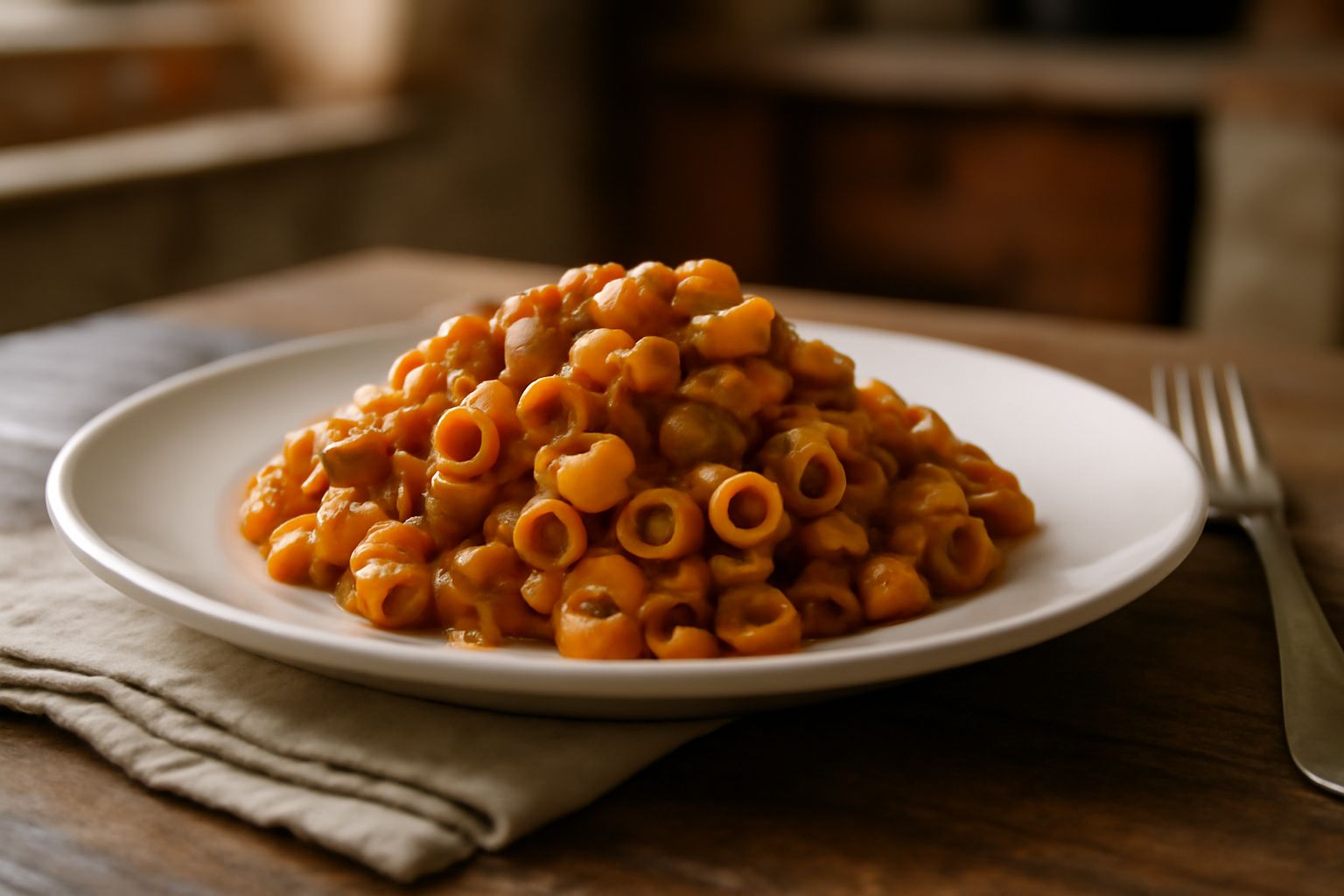 Anellini ripieni all'emiliana in un piatto bianco, ricoperti di ragù rosso e parmigiano grattugiato, con una forchetta appoggiata al bordo