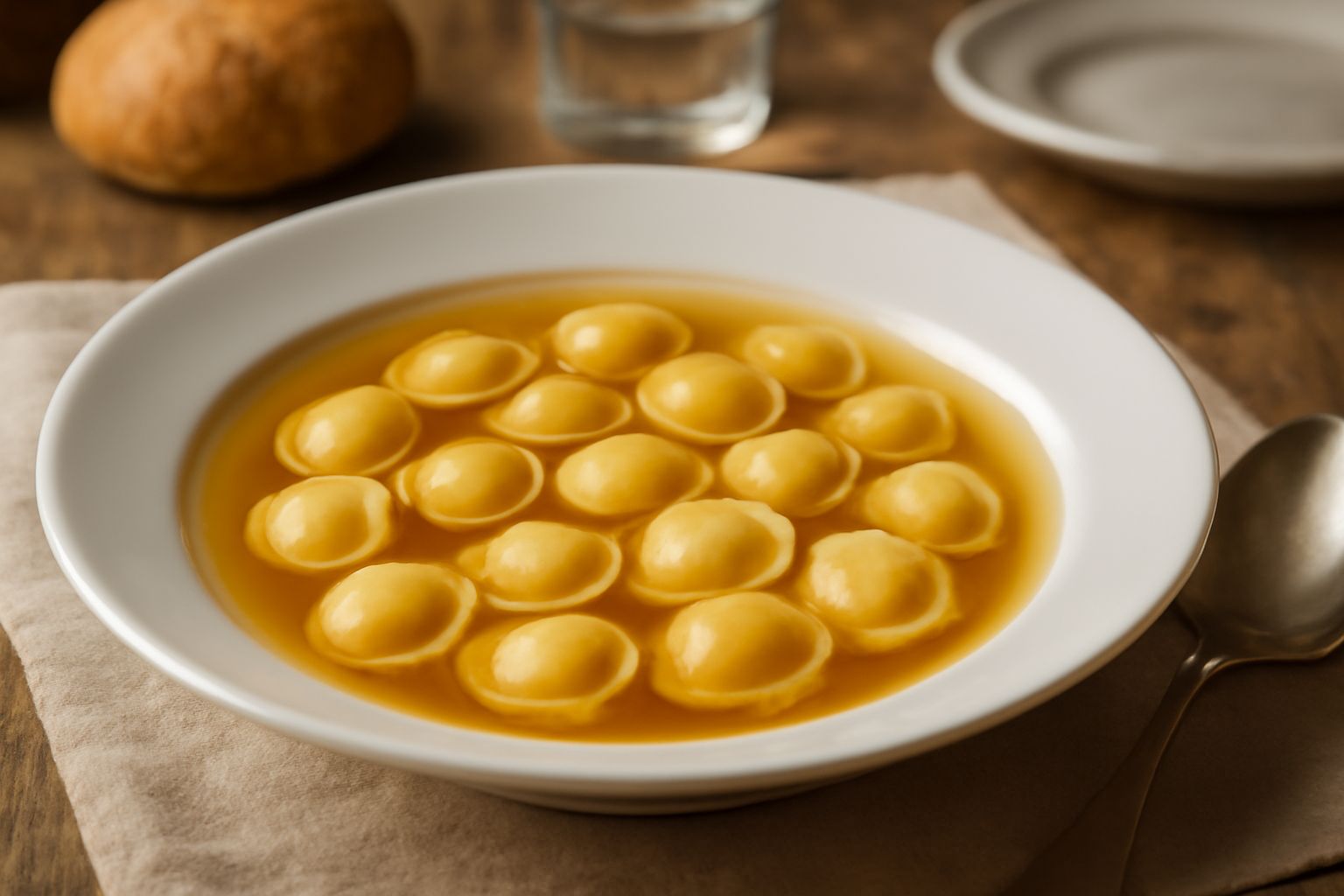 Una ciotola di porcellana con anolini in brodo caldo, ripieno di carne visibile da un anolino spezzato, decorati con prezzemolo fresco e una cucchiaiata di brodo trasparente