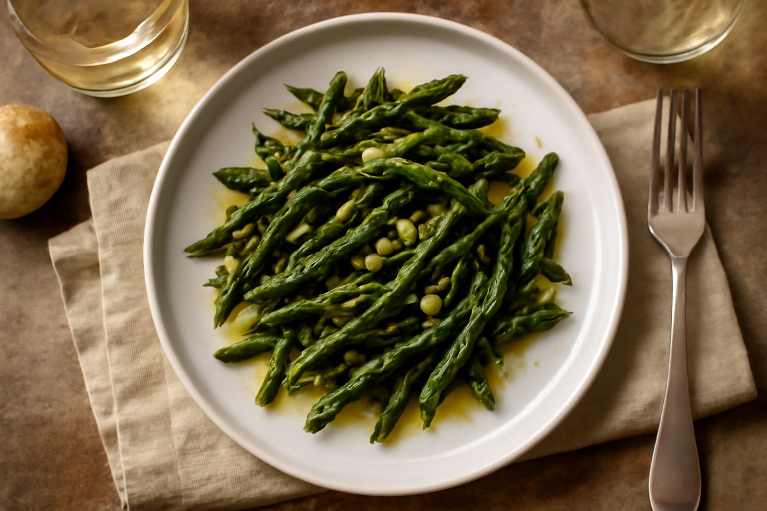 Asparagi selvatici sottili e verde scuro saltati in padella di ferro, con aglio dorato e gocce di olio extravergine, serviti in un piatto bianco con limone a fette sul bordo