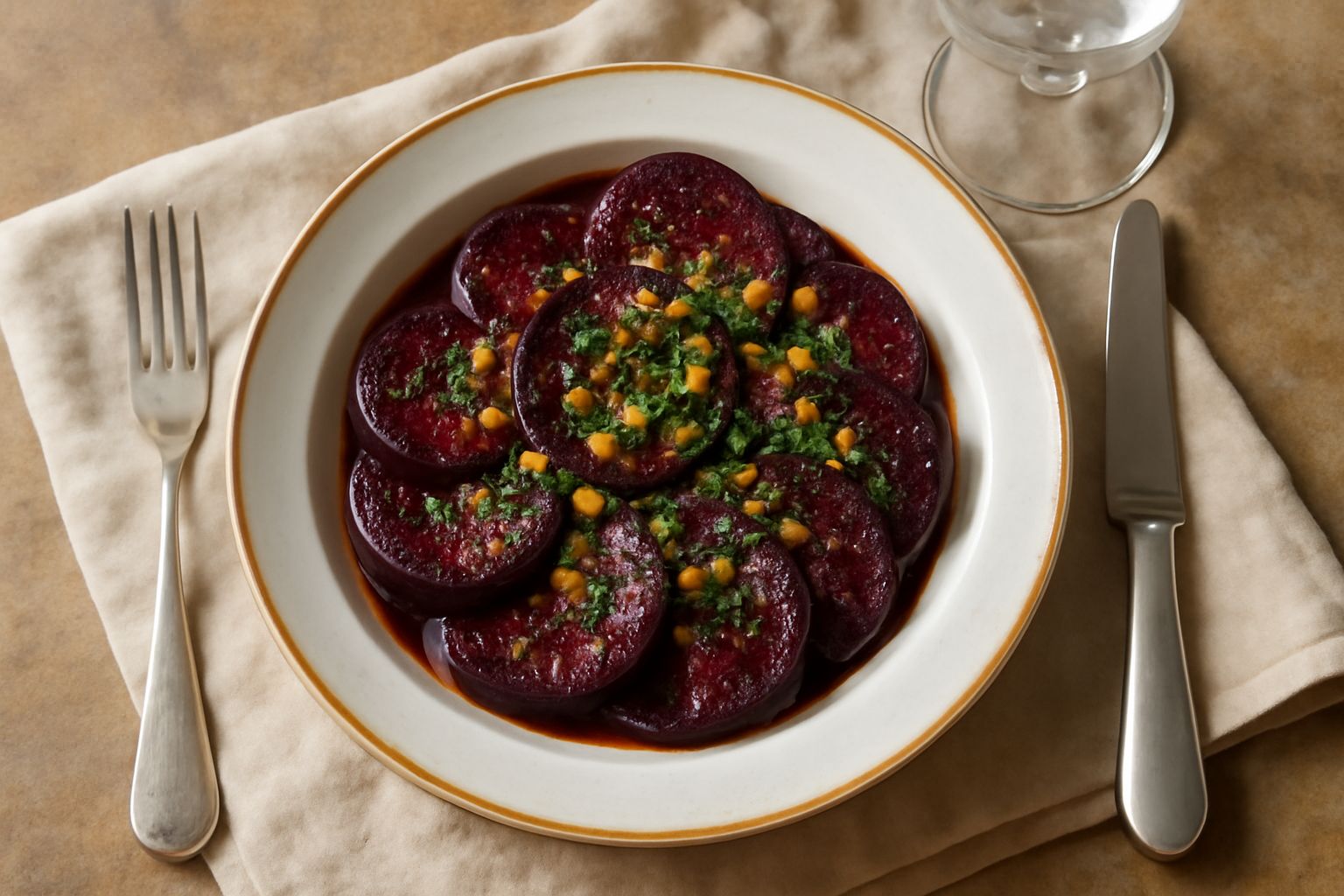Piatto bianco con barbabietole a fette di colore rosso scuro lucido, condite con prezzemolo verde e gocce di aceto, accompagnate da fette di pane tostato ai bordi