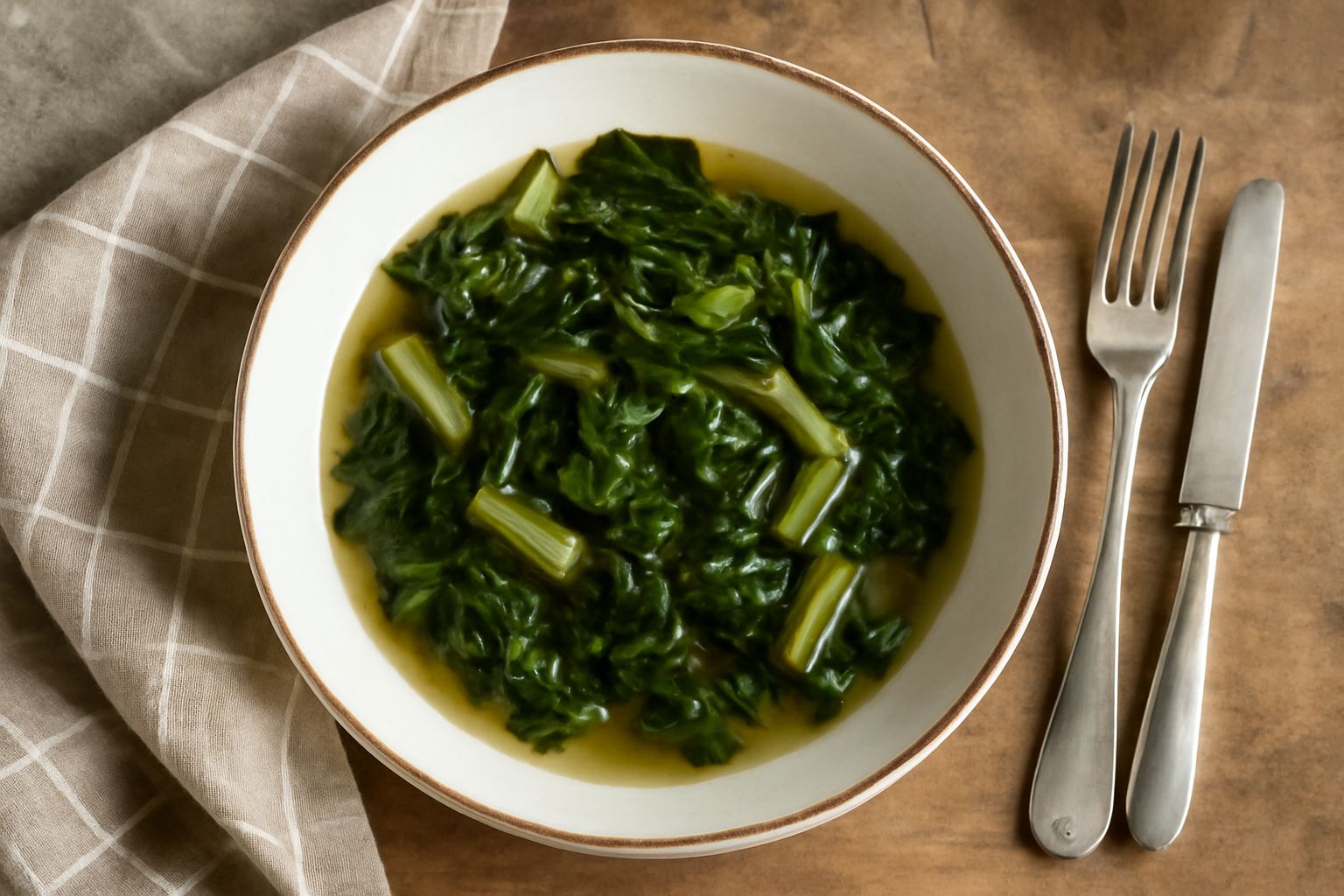 Una ciotola di ceramica bianca con bietole verde scuro immerse in brodo dorato, cipolla bianca affettata visibile, vapore che sale dal bordo, servita su un piatto fondo con cucchiaio in legno accanto