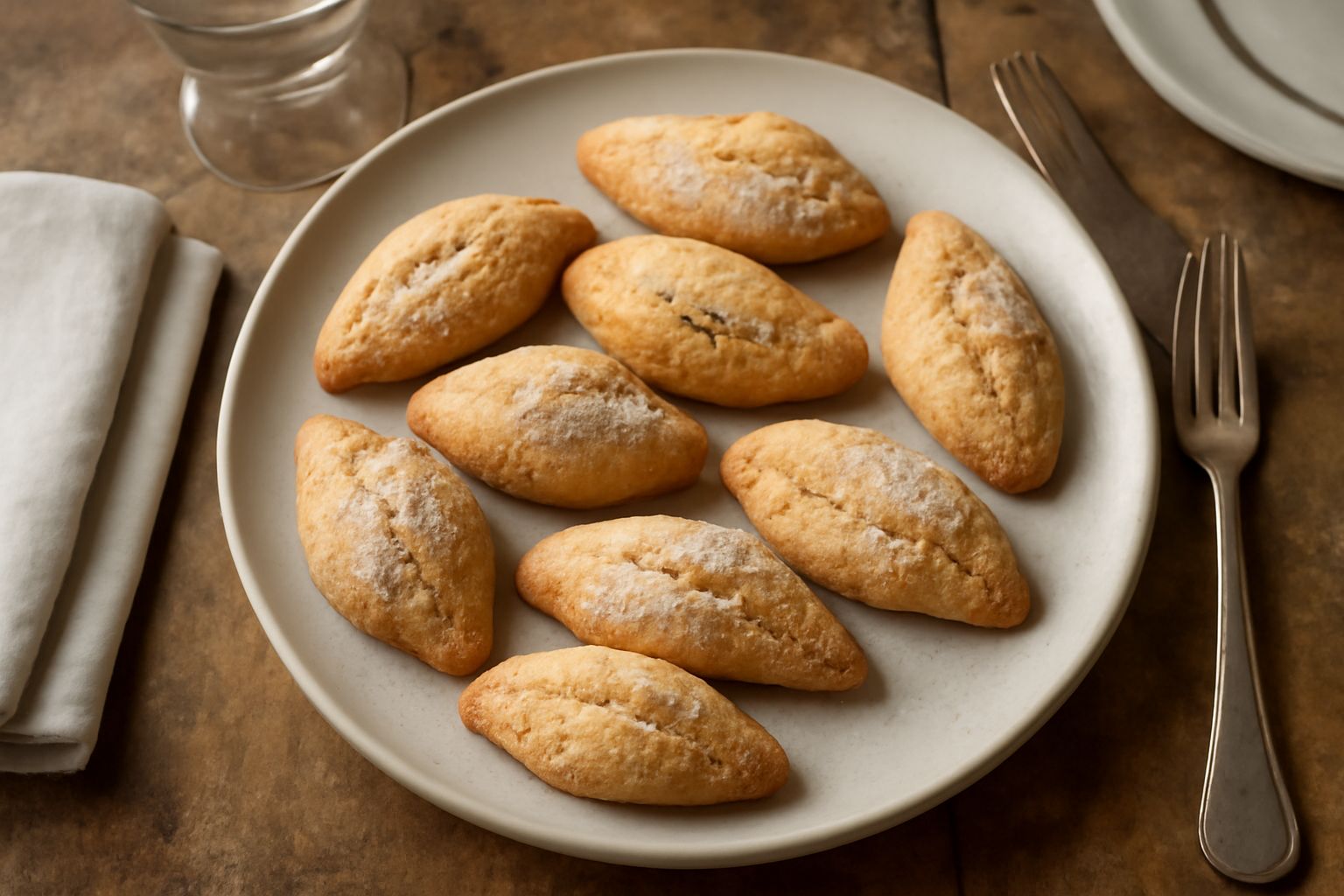Una pila di biscottini modenesi dora ti e croccanti su un piatto bianco con una tazza di caffè nero di sfondo e una tovaglia di lino beige