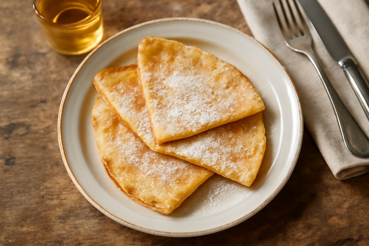 Borlenghi dorati appena cotti su un piatto bianco, con una leggera doratura esterna e interno morbido, contorni di polenta cotta ben visibili
