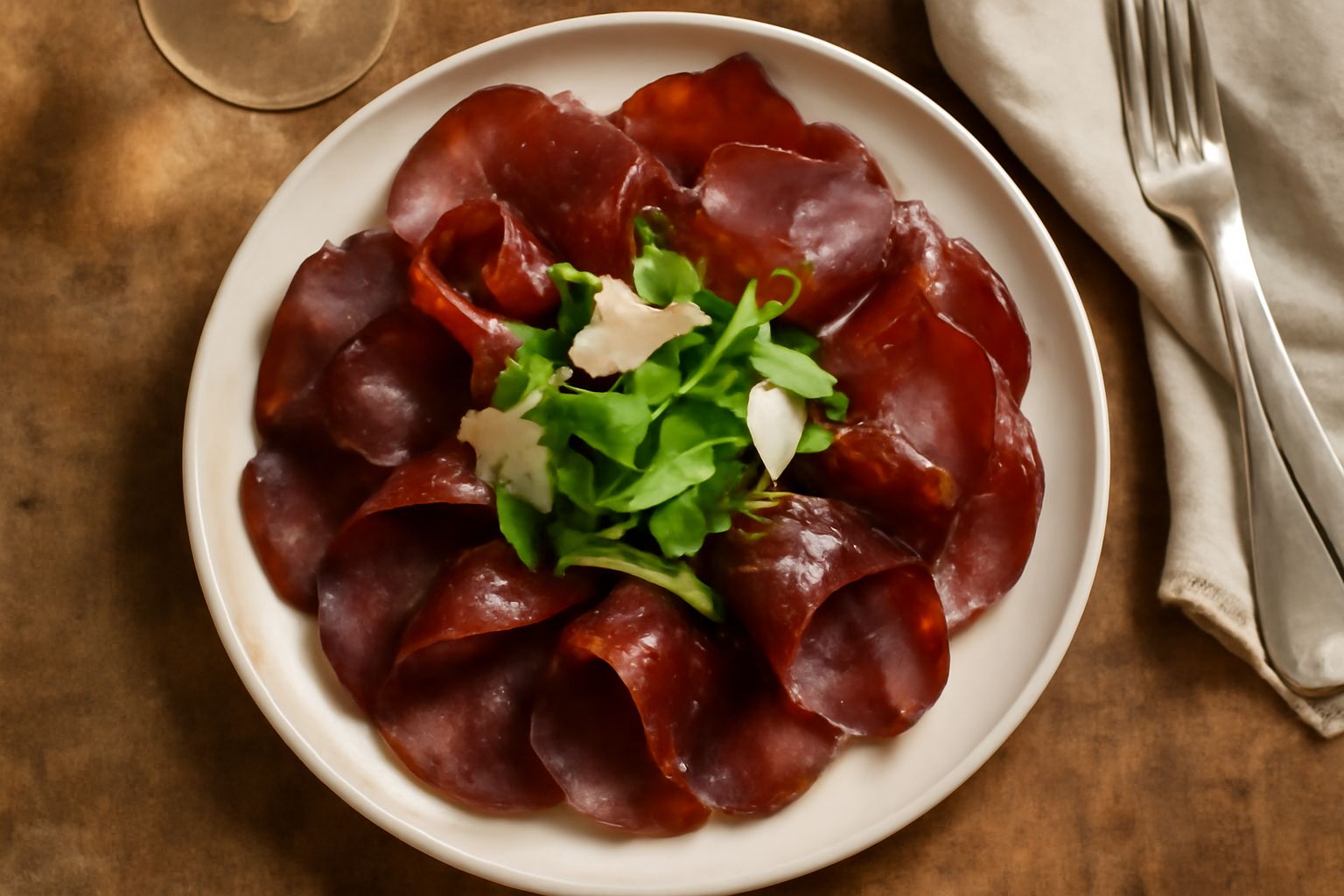 Fette sottili di bresaola rosso scuro disposte a ventaglio su un piatto bianco, oliva verde in gocce d'olio, spicchi di limone e parmigiano grattugiato