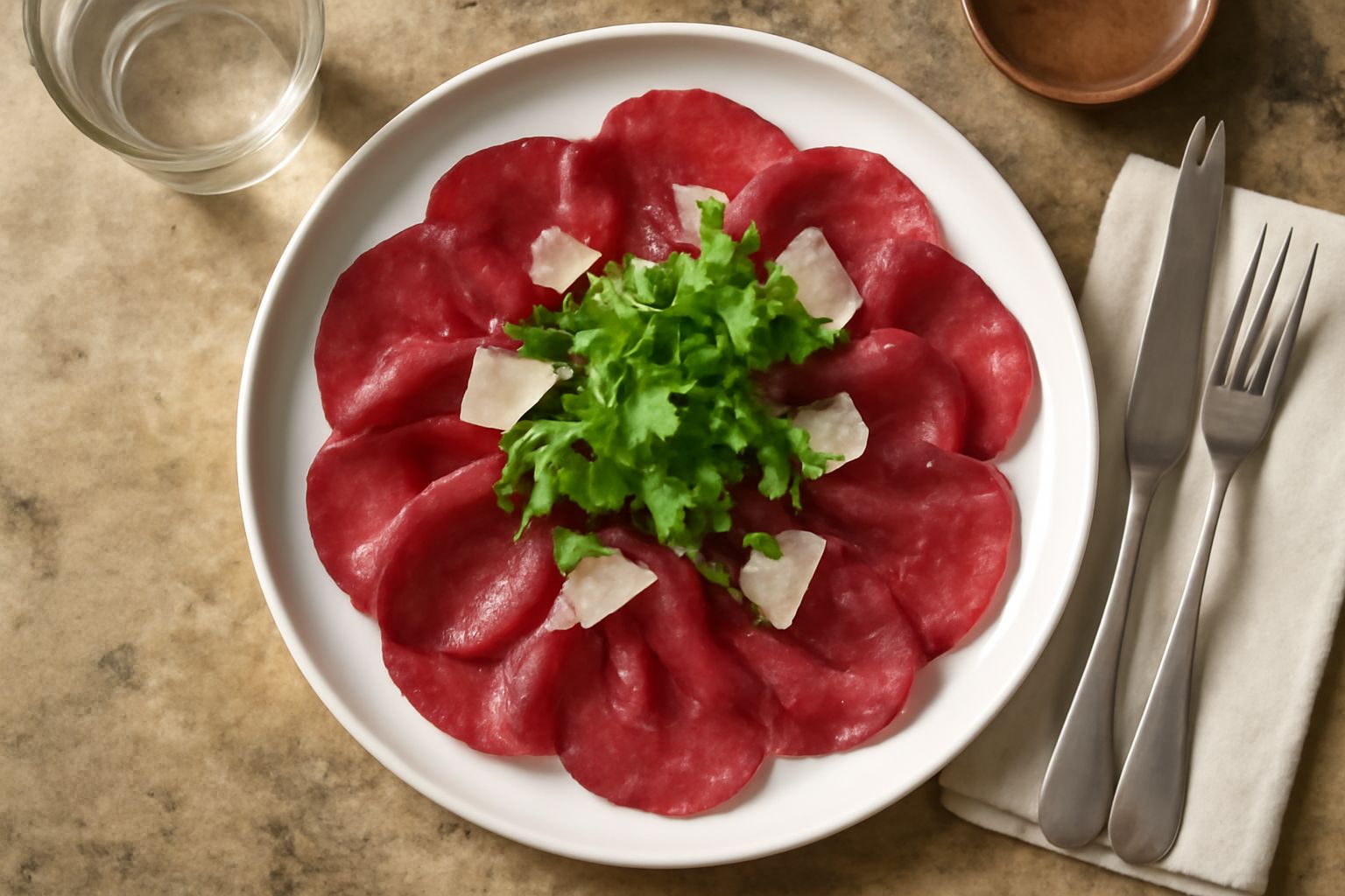 Fette sottili di bresaola della Valtellina rosso scuro disposte a ventaglio su un piatto bianco, con odore di affumicatura visibile, contorno di rucola fresca e limone tagliato