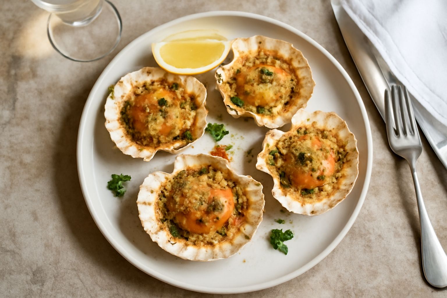 Capesante dorate al forno in una pirofila bianca, con la carne visibile nel guscio, gocce di burro fuso, aglio affettato sottile e prezzemolo verde brillante sparse in superficie