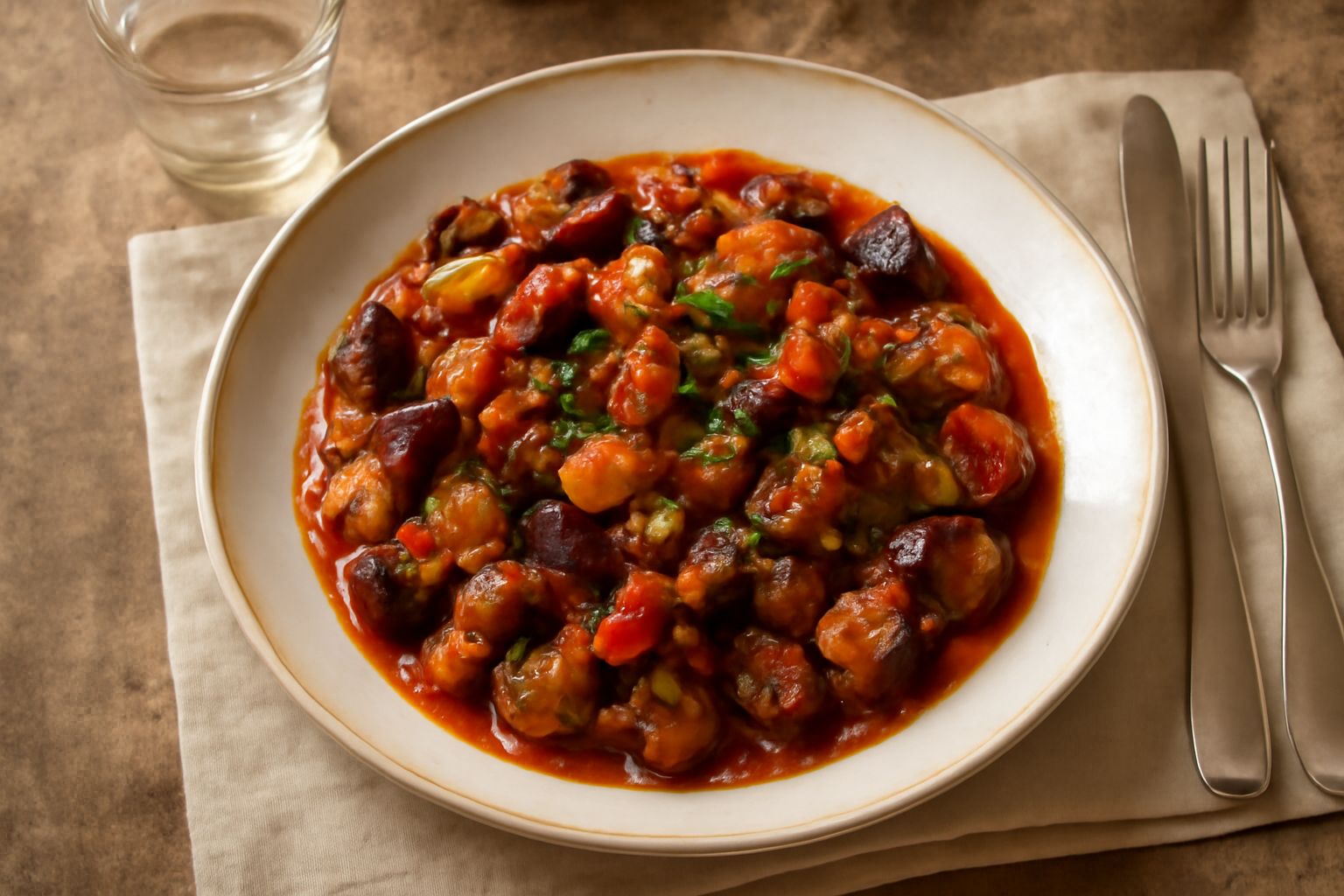 Caponata piacentina in piatto bianco: melanzane viola a cubetti, peperoni rossi e gialli, zucchine verdi e salsa marrone agrodolce, guarnita con prezzemolo fresco e qualche acciuga