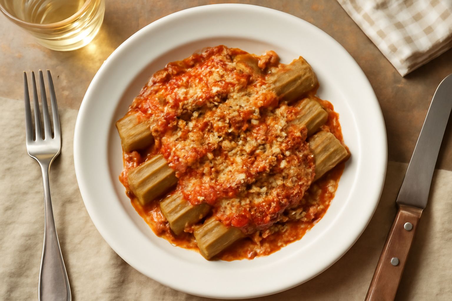 Cardo gratinato al forno in pirofila bianca, caldo fumante, con crosta dorata di parmigiano e besciamella, scaglie di formaggio croccanti in superficie, cardo tenero visibile tra gli strati