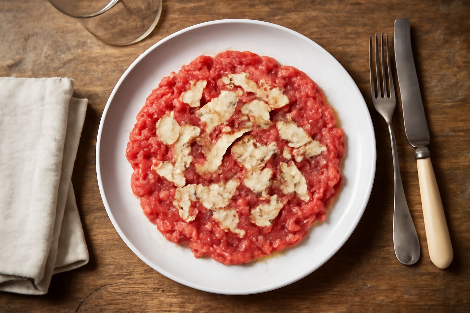 Carne cruda all'albese servita in un piatto bianco, con colore rosa pallido marmorizzato di bianco, guarnita con rametti di prezzemolo fresco e gocce di olio verde, accompagnata da fette di pane tosta