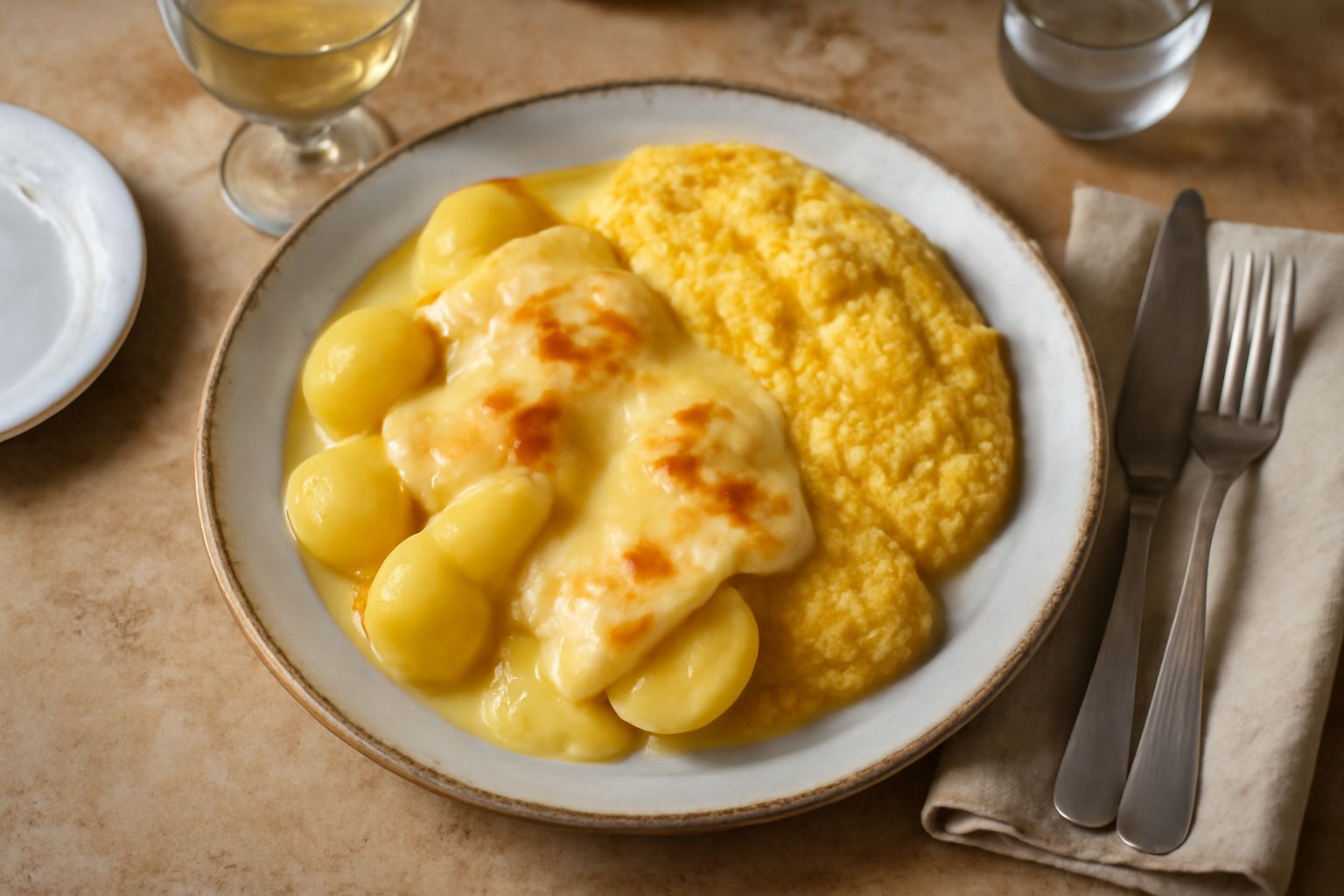 Una forma di Casera intera con taglio a spicchio che mostra la pasta giallo paglierino con occhiature regolari, posata su una tavola di legno scuro con accanto un coltello per il formaggio