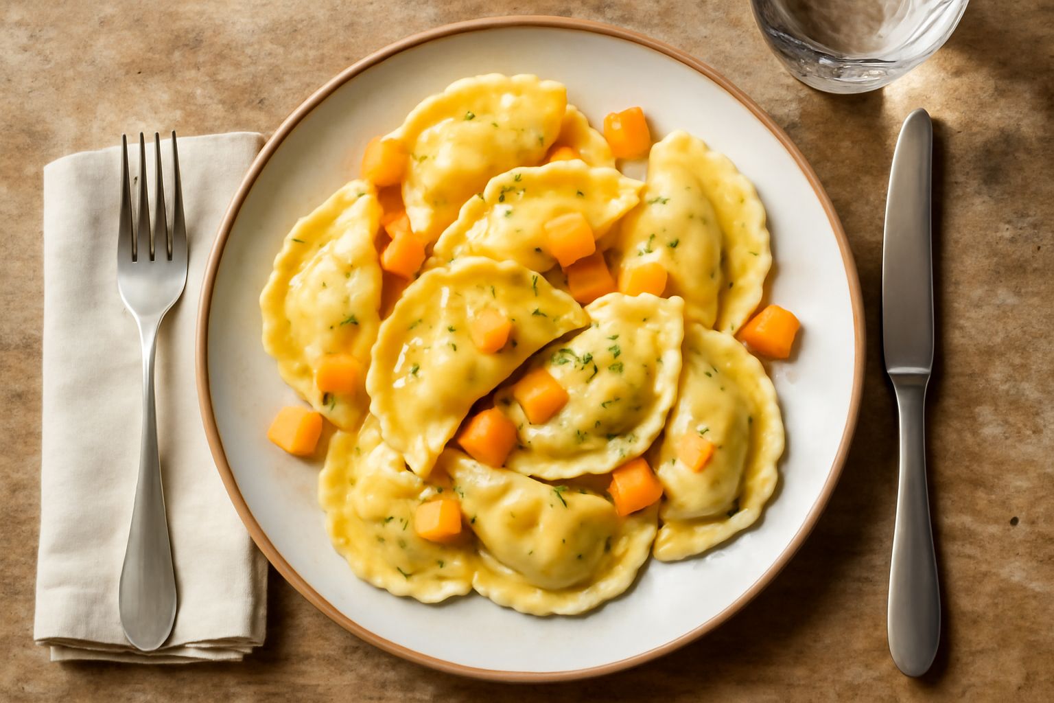 Casonsèi dorati e ben piegati a mezzaluna su un piatto bianco, conditi con burro fuso e salvia fresca, accompagnati da parmigiano grattugiato