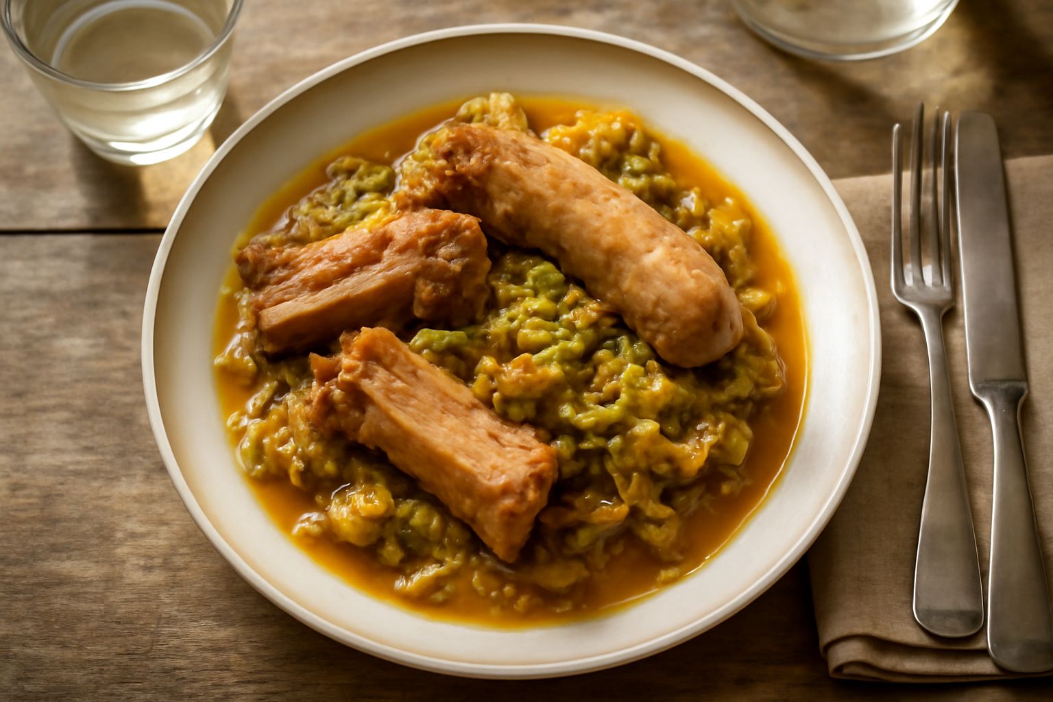 Cassoela in terracotta bianca con pezzi di carne di maiale, verza cotta e salsa marrone scuro, cosparsa di pepe nero appena macinato