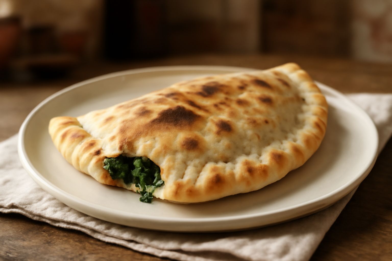 Cassone tagliato a fette su un piatto bianco, ripieno di verdure verdi e gialle e formaggio bianco, con sfoglia dorata croccante