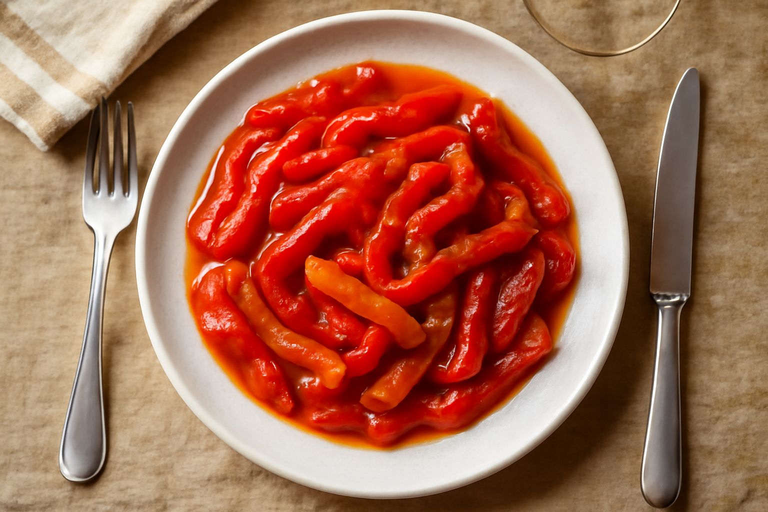 Barattoli di vetro con conserva di peperoni rossi e gialli brillanti, trasparenti, di consistenza cremosa, disposti su uno scaffale di legno scuro con alcuni peperoni freschi ai lati