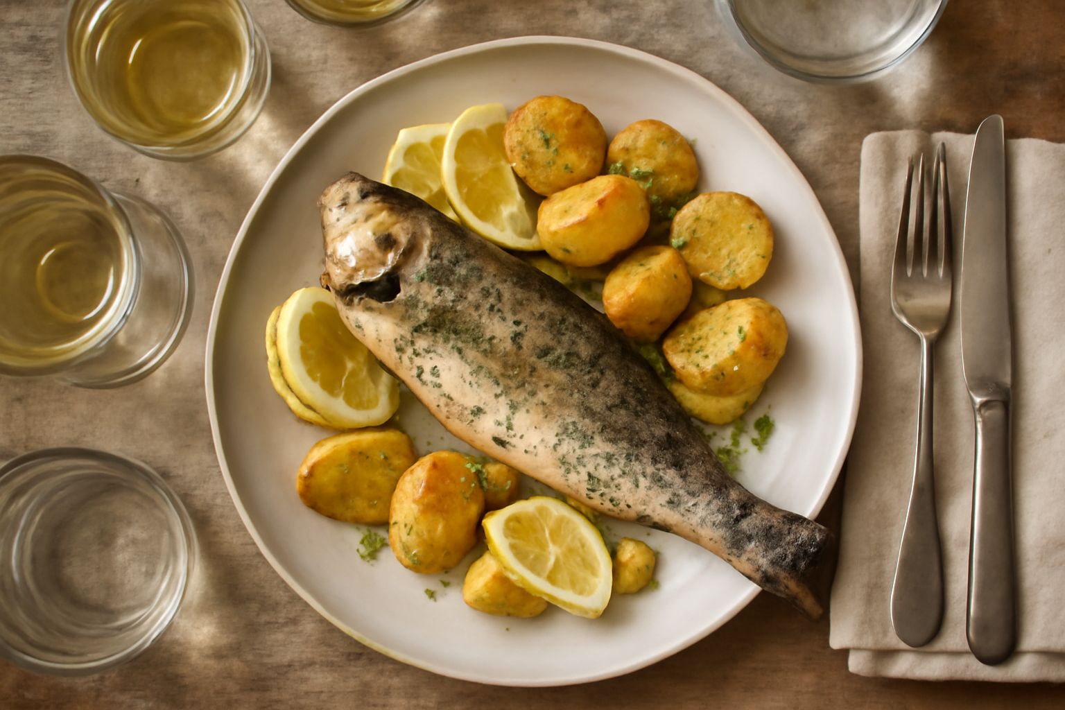 Filetto di coregone dorato in carta parchment nel piatto, contornato da limone affettato, erba cipollina fresca e patate novelle al vapore di colore bianco avorio