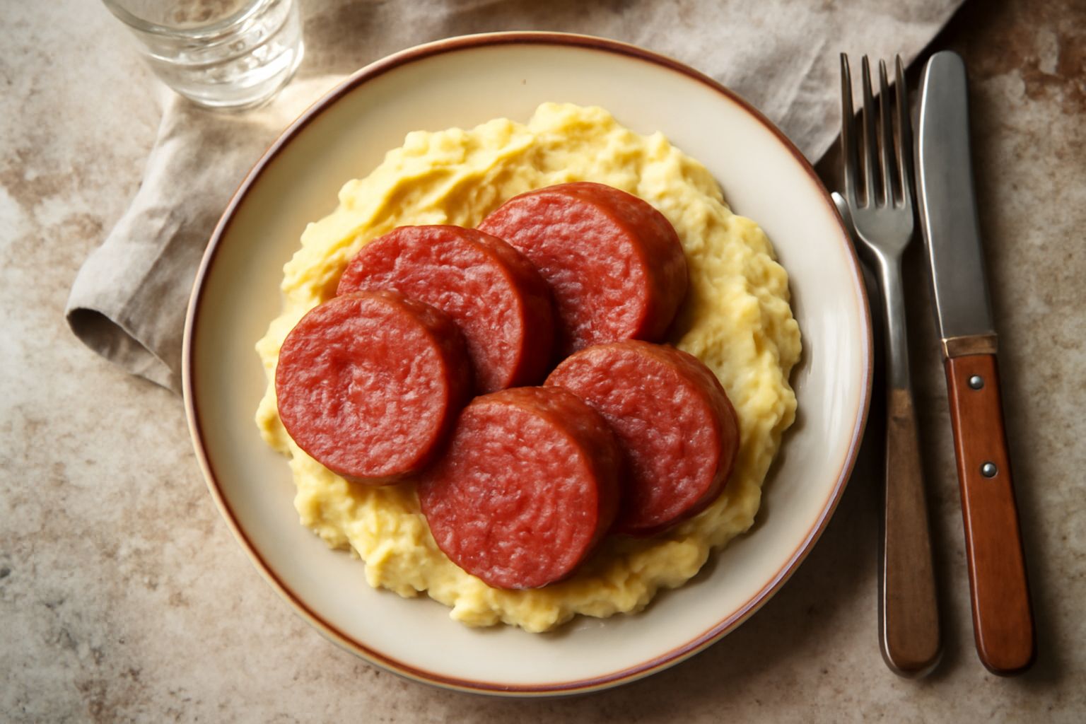 Cotechino affettato in un piatto bianco, caldo e fumante, accompagnato da lenticchie piccole marroni e contorno di purè di patate giallo chiaro