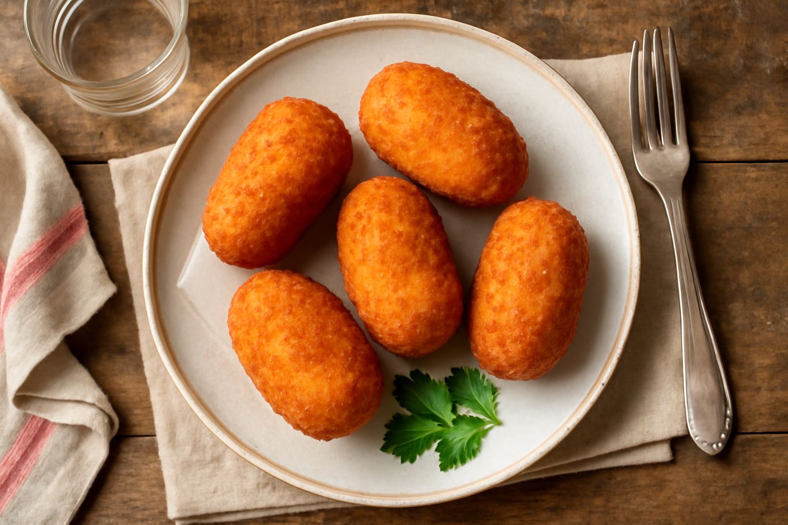 Crocchette di riso color oro dorato allineate su un piatto bianco con contorno di verde salsa, interno visibile mostra risotto cremoso con chicchi di riso intatti, superficie croccante e uniforme