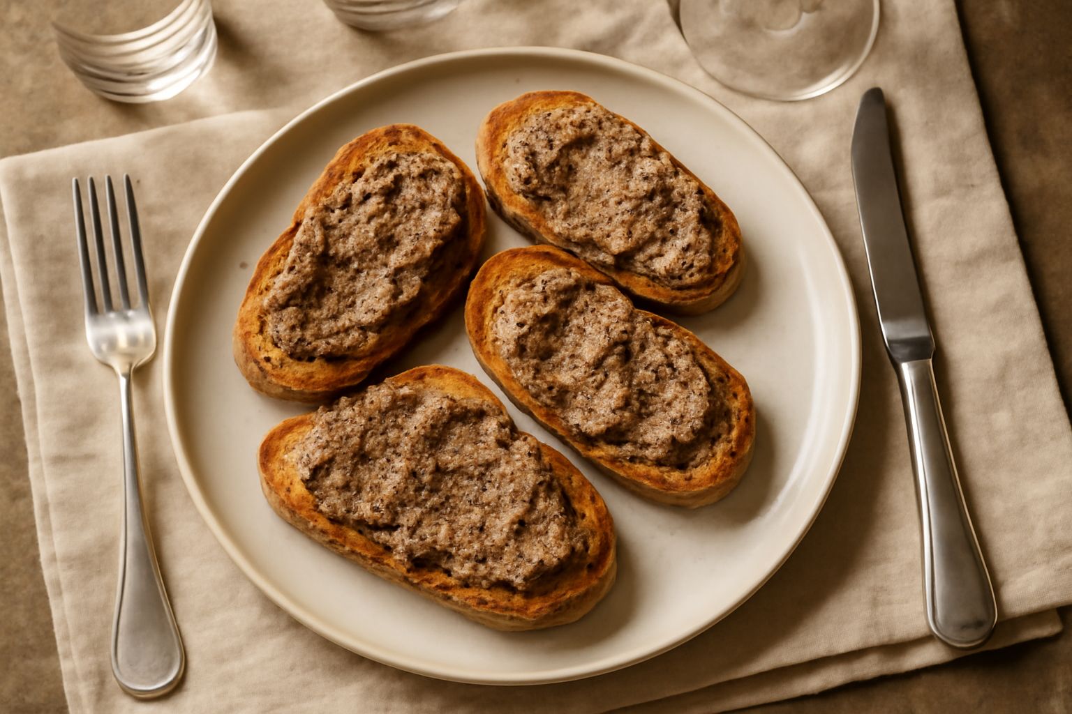 Crostini dorati e croccanti su piatto bianco, ricoperti di paté marrone cremoso, guarniti con un filo di olio verde e foglie di prezzemolo fresco, sfondo grigio neutro