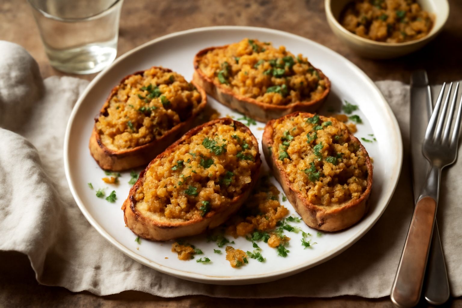 Crostini dorati e croccanti disposti su piatto bianco, uniformi nelle dimensioni, con superficie brinata dal sale marino grosso e righe di olio lucido in superficie