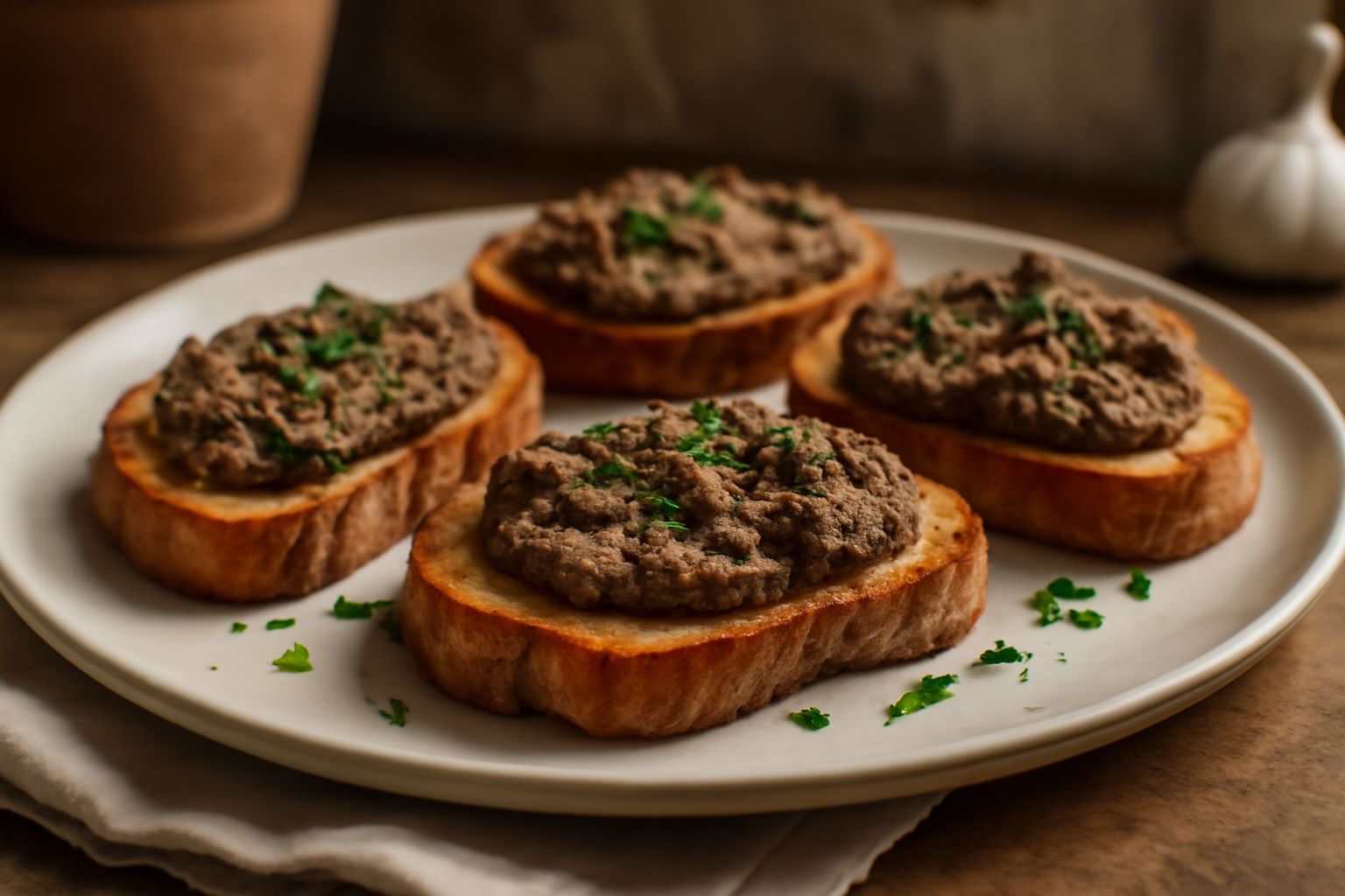 Crostini di pane tostato dorato ricoperti di paté cremoso di fegato d'oca, guarniti con grani di pepe nero e un rametto di timo fresco su un piatto bianco