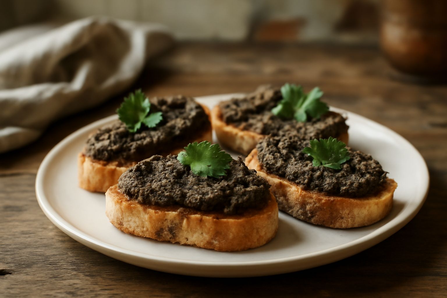 Crostini neri toscani disposti su un piatto bianco, ricoperti di patè scuro di fegato, con foglie di prezzemolo fresco e un bicchiere di vino rosso sullo sfondo