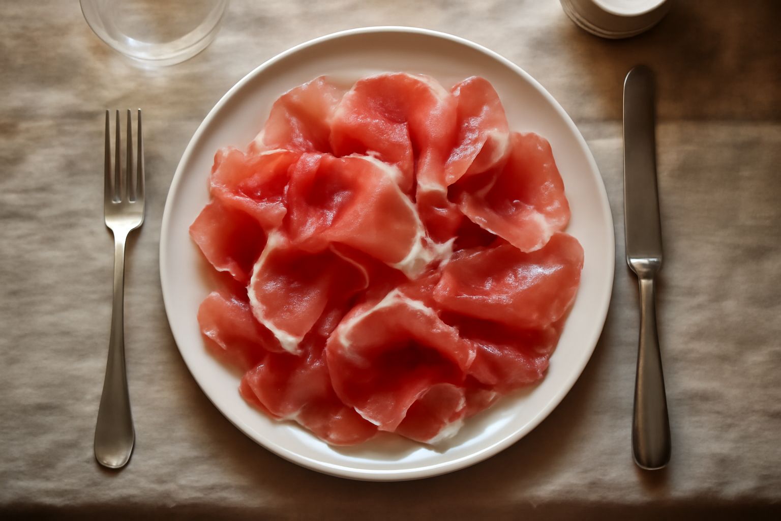 Fette sottili di culatello crudo rosa pallido affettate su un piatto bianco, con bordo ondulato, accompagnate da pane tostato e grissini