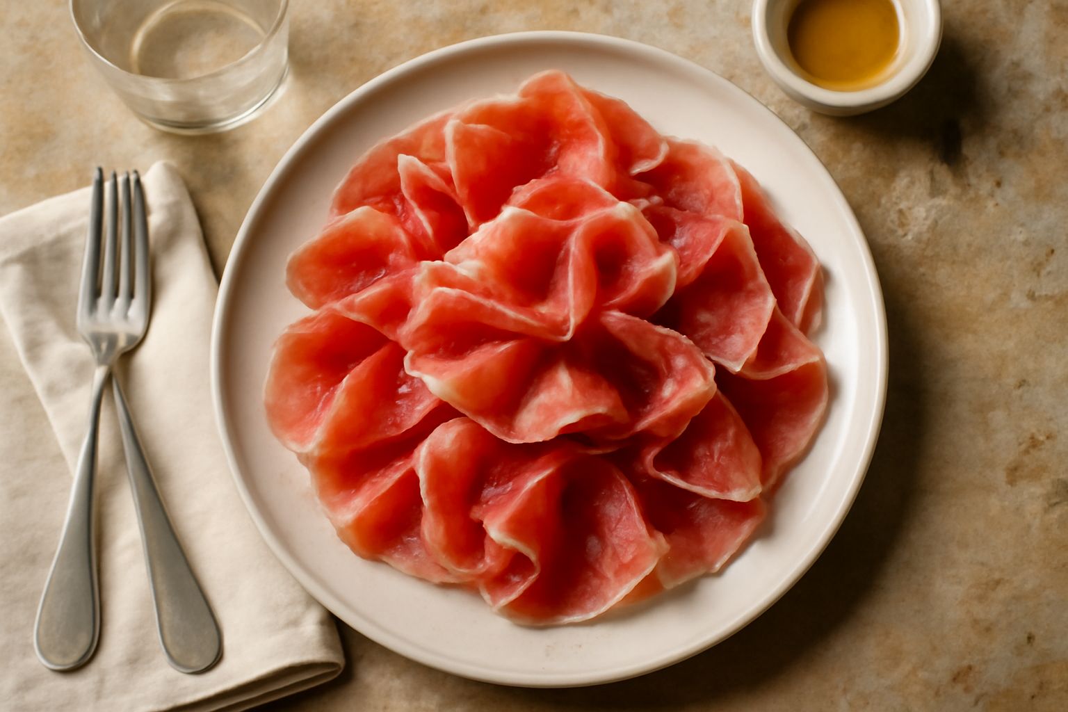 Culatello di Parma affettato a fette sottili su un piatto bianco, carne rosso scuro con grasso color avorio, servito con pane tostato e bicchiere di vino rosso leggero