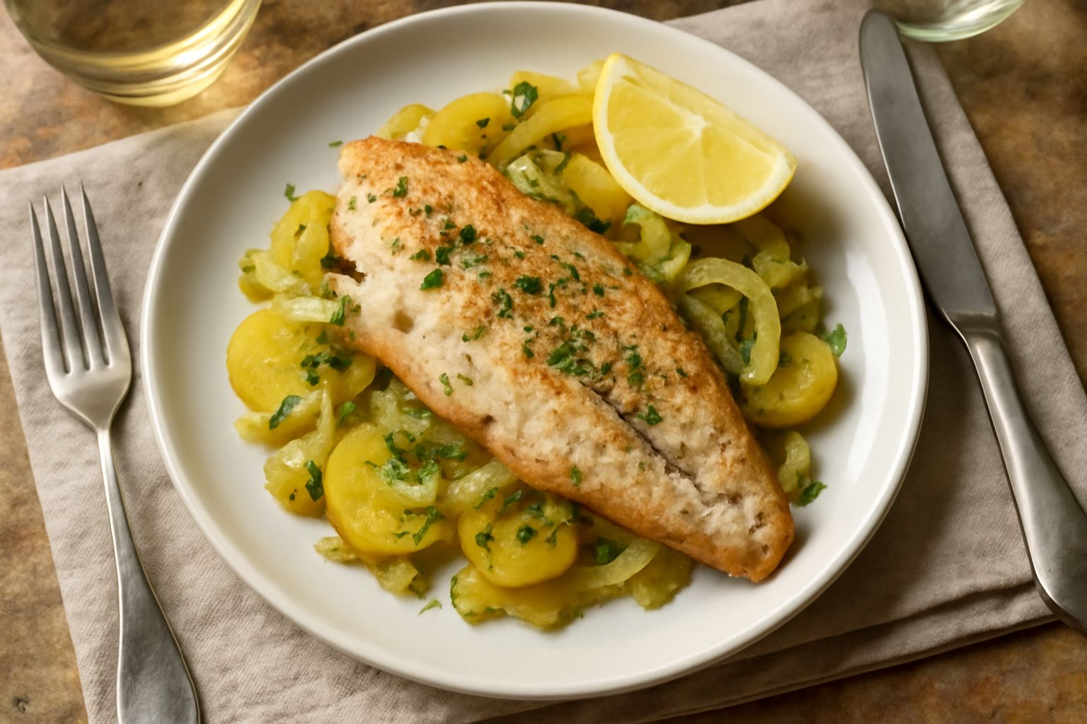 Filetto di persico dorato in padella con limone e prezzemolo, contorno di verdure verdi sfumate, servito su piatto bianco